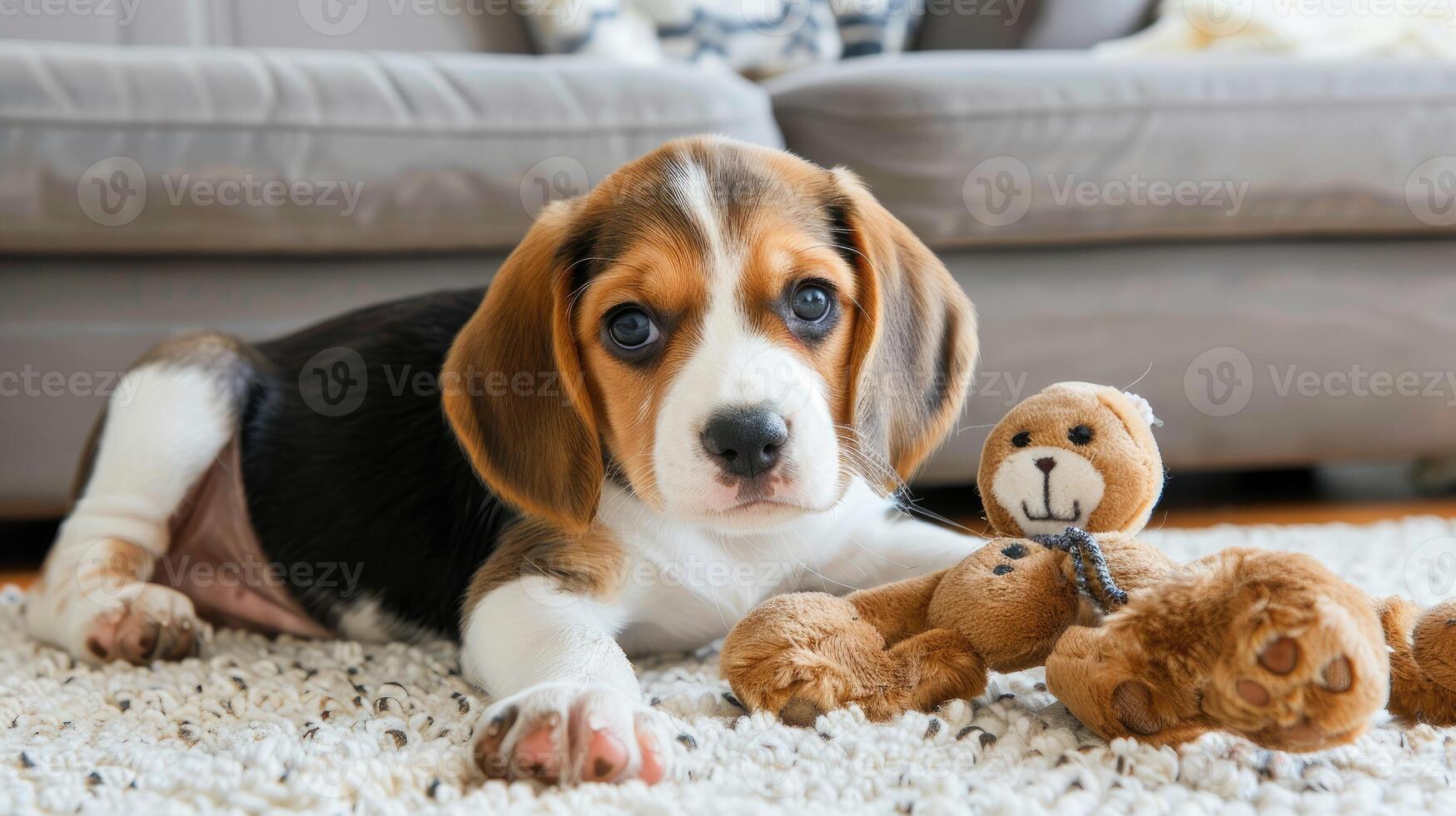 A beagle puppy laying on the floor with a teddy bear photo