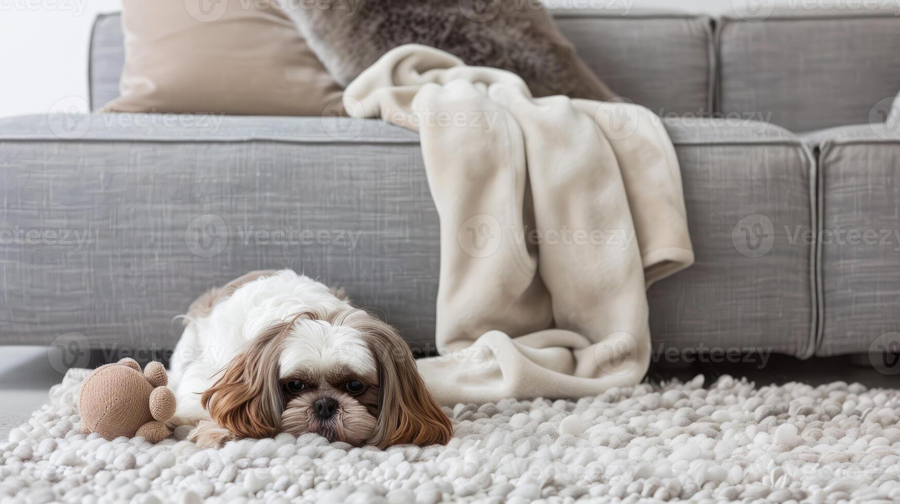 A dog laying on a rug in front of a couch photo