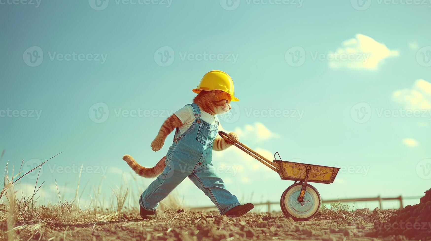A cat in overalls and a hard hat is walking with a wheelbarrow photo