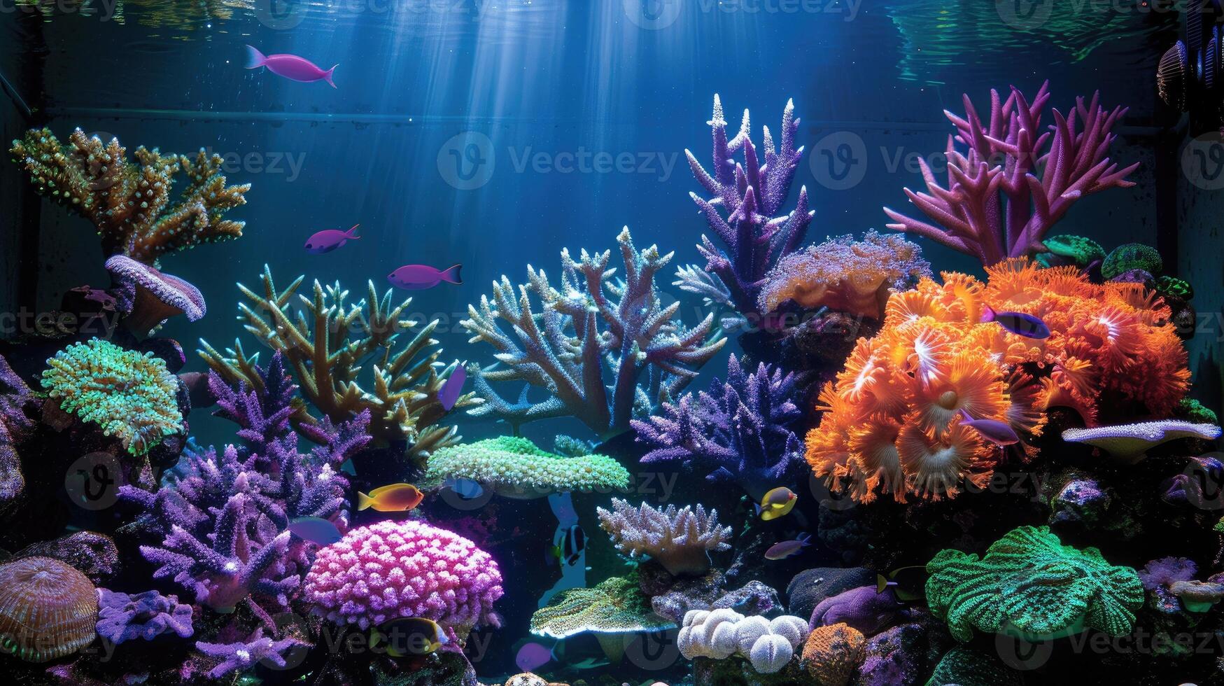 An aquarium with colorful corals and fish photo
