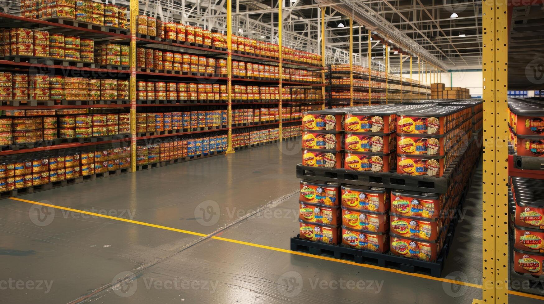 A large warehouse with shelves full of food photo
