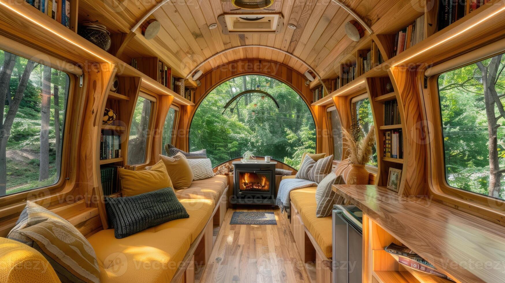 The inside of a train with a couch and bookshelves photo