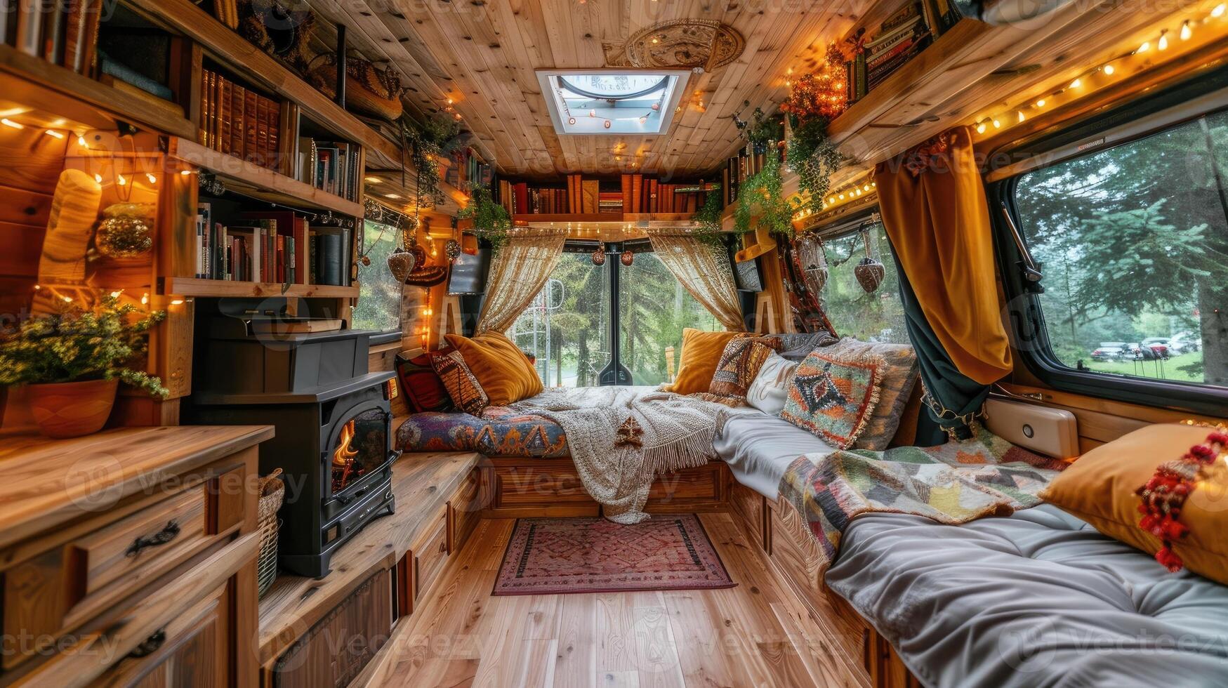 The inside of a bus with a couch and bookshelves photo