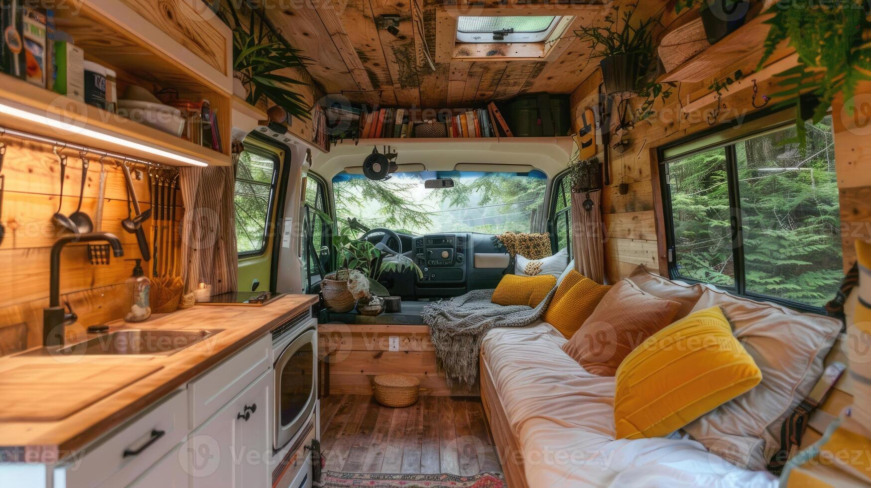 The inside of a tiny home with a couch and a kitchen photo