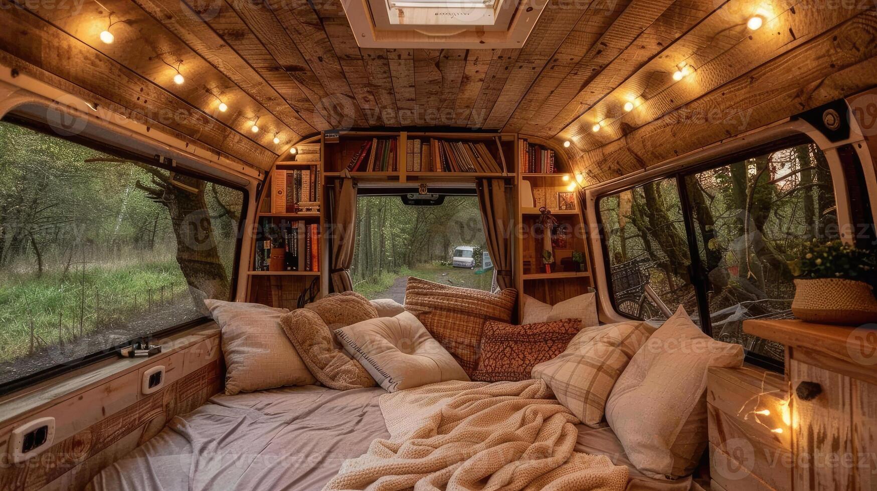A bed in the back of a van with lights photo