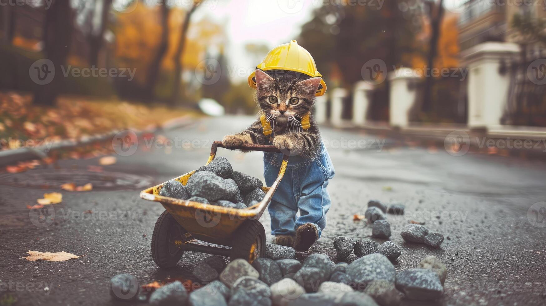 A kitten in a hard hat and overalls carrying a wheelbarrow photo
