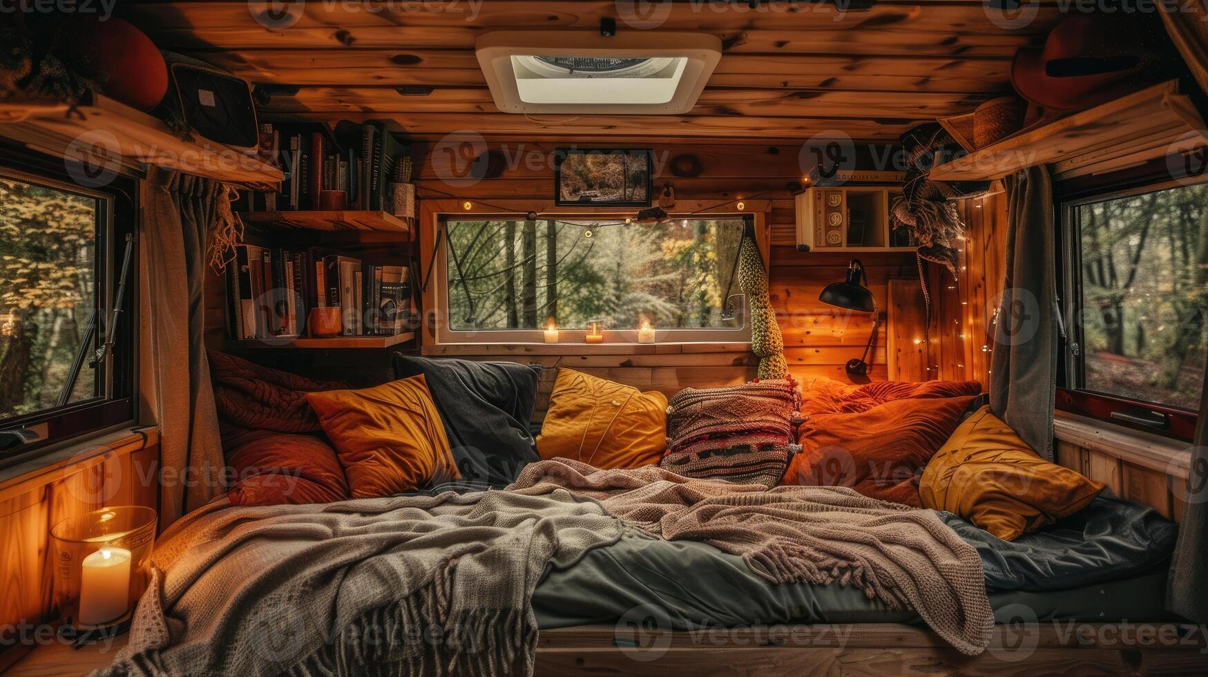 A bed in a van with a window and a lamp photo