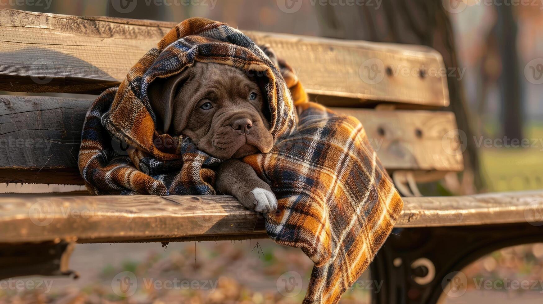 A dog is wrapped in a blanket on a park bench photo