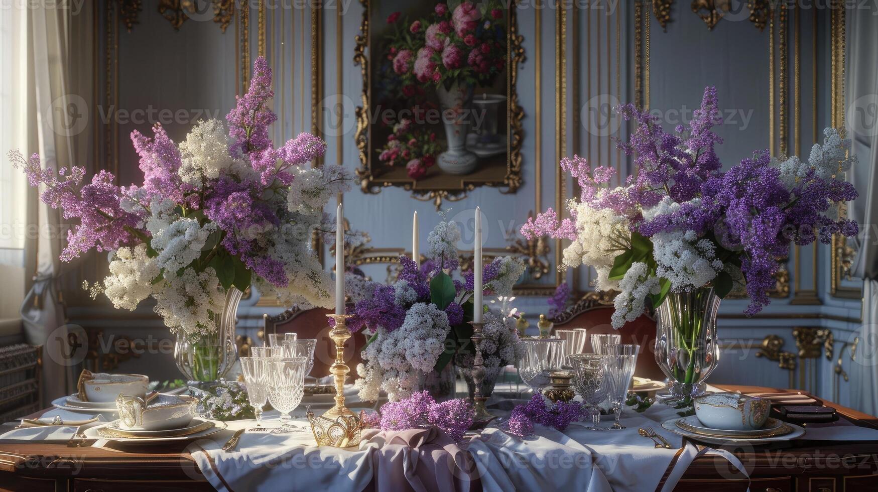 A table set for a dinner with purple flowers photo