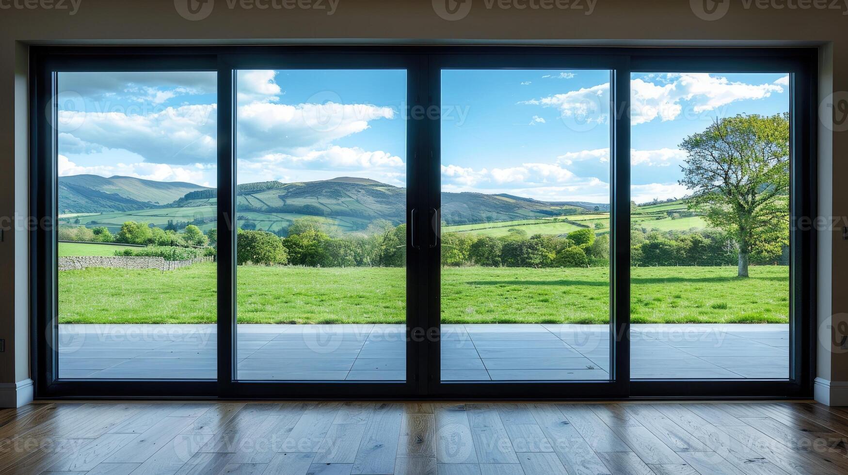 A large sliding glass door opens to a view of a green field photo