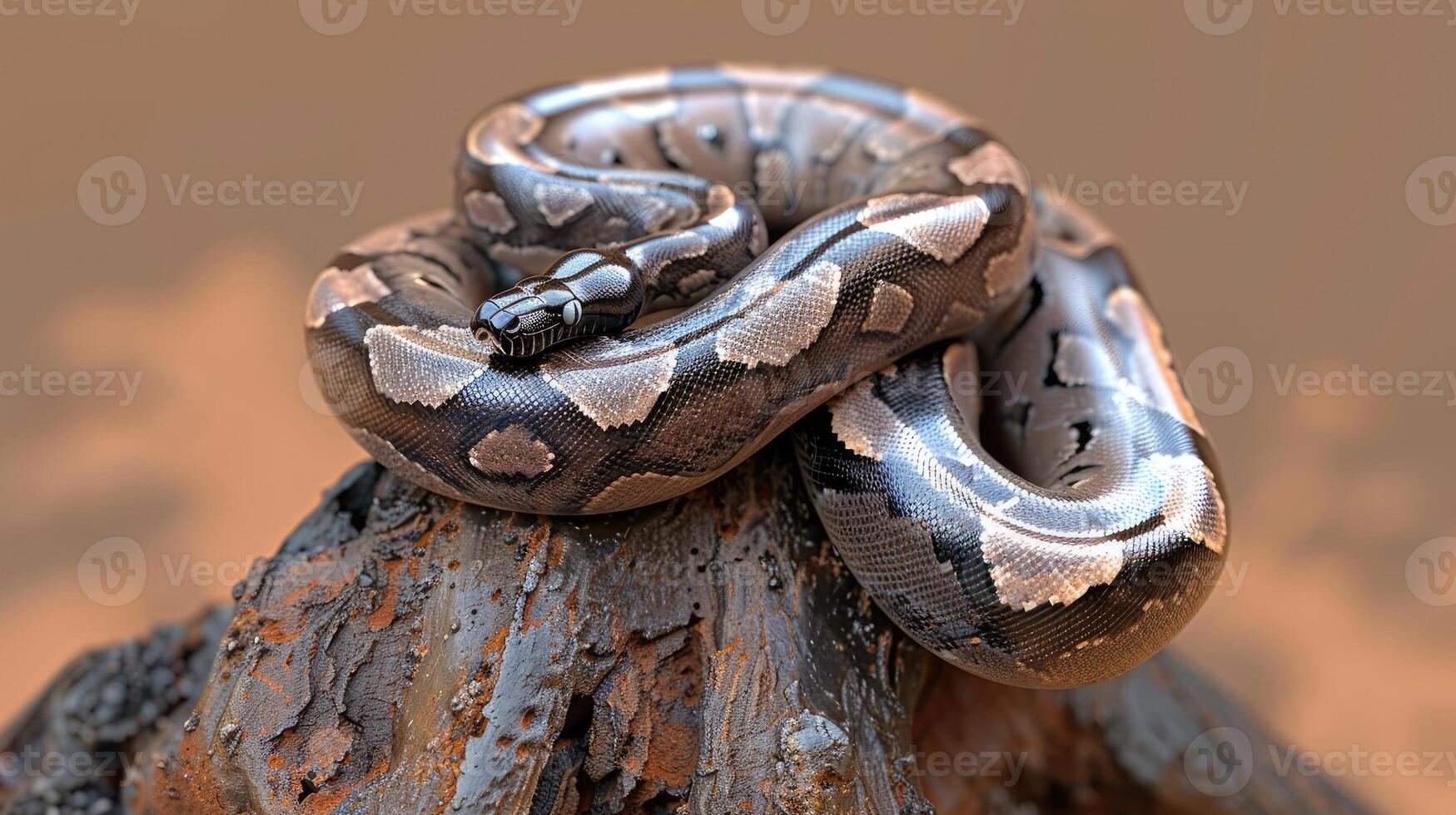 A snake is sitting on top of a log photo