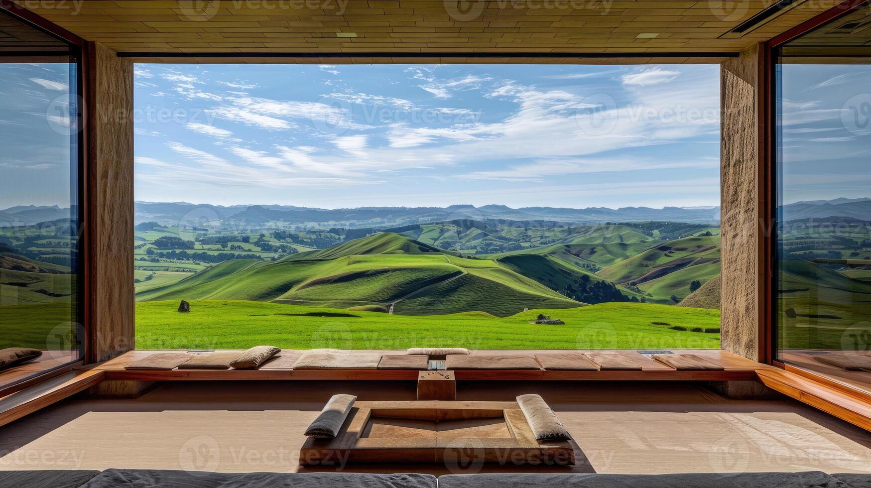 A view of the mountains from a window in a room photo