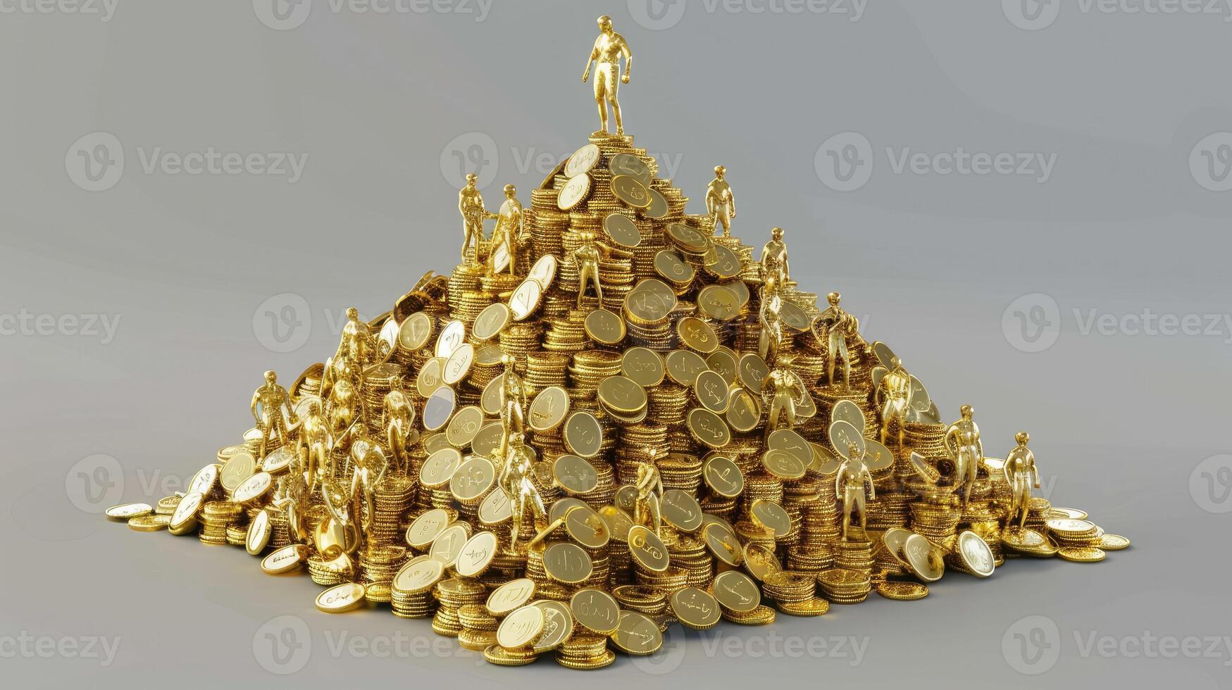 A pyramid of gold coins is shown on a gray background photo