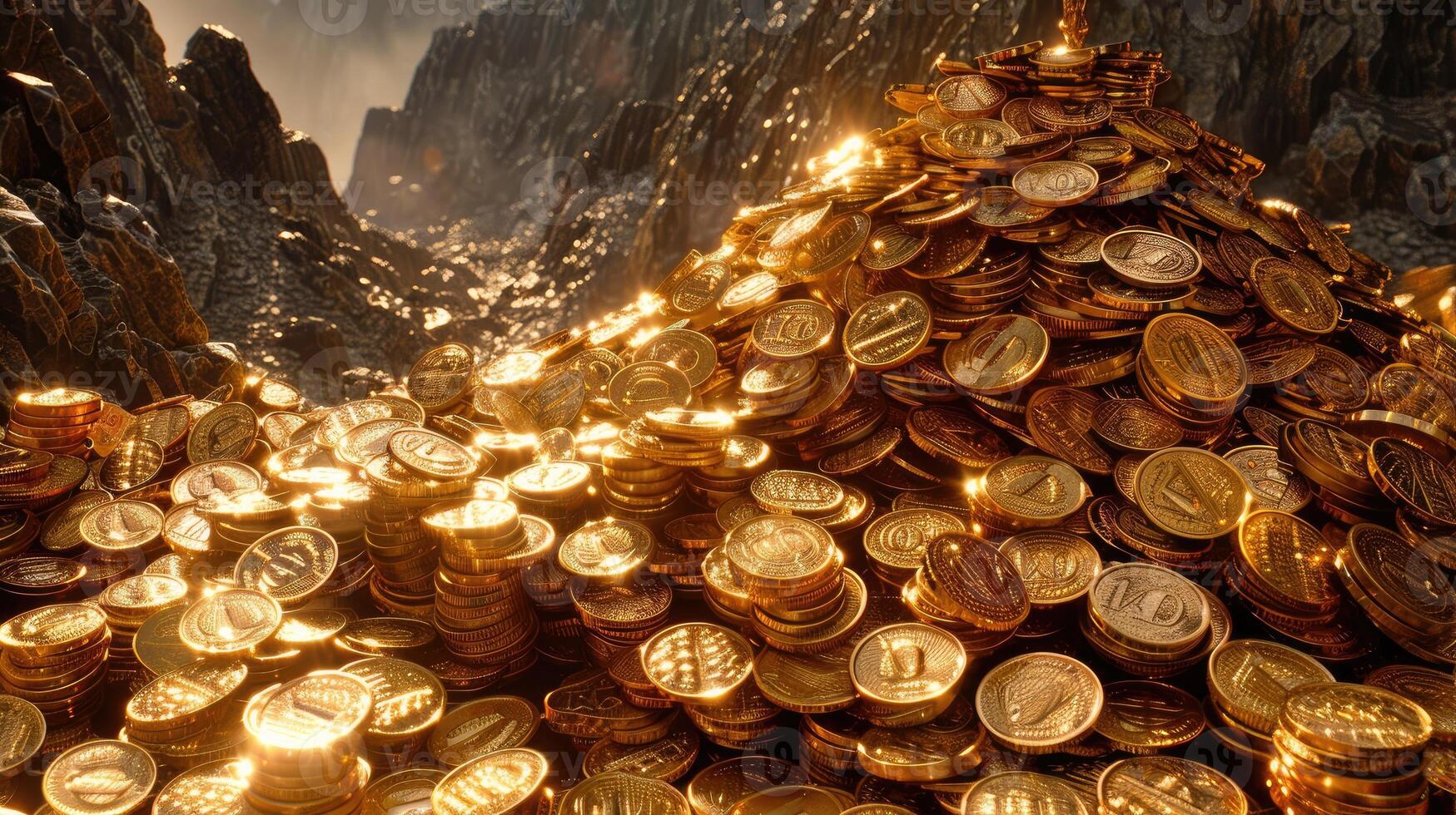 A pile of gold coins in front of a mountain photo