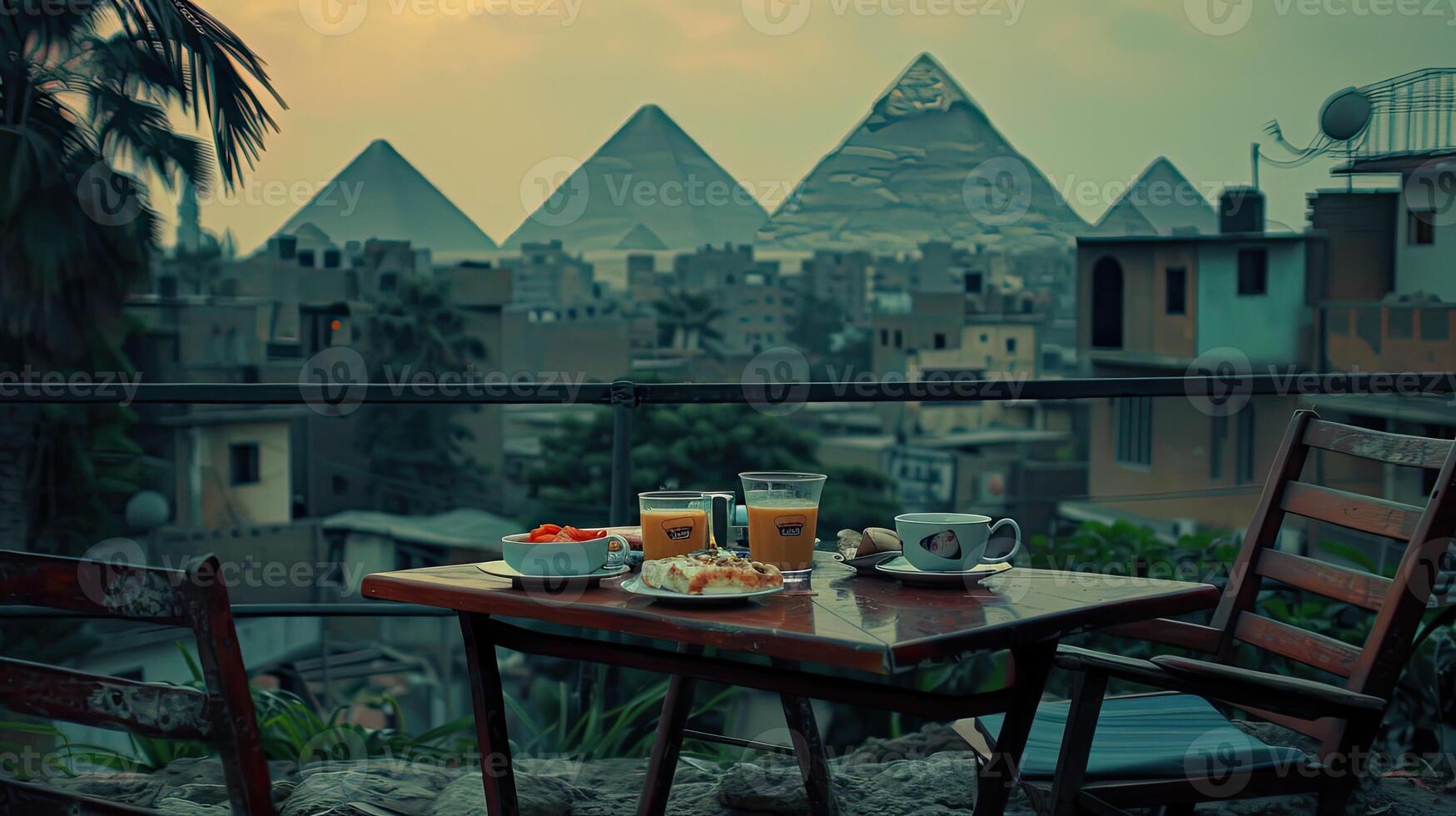 A table with a glass of juice and a plate of food photo