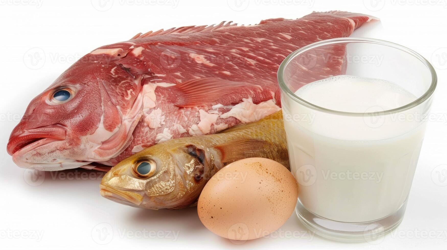 Fish, eggs and milk on a white background photo