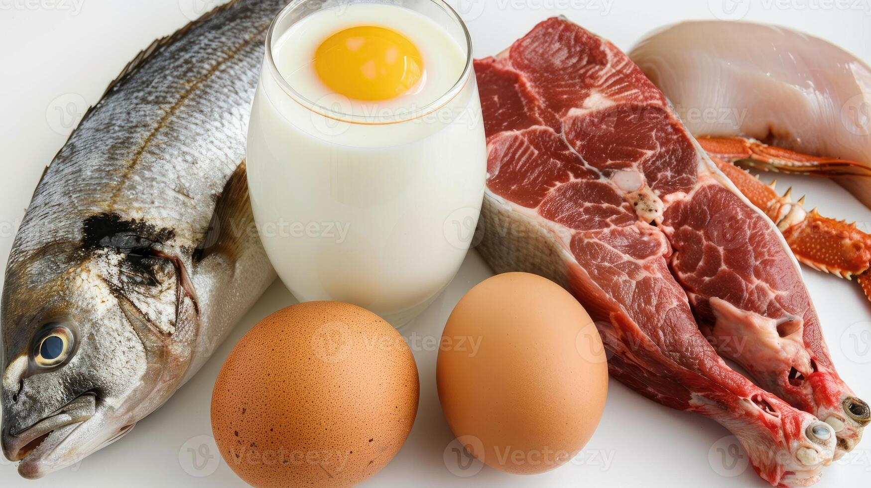 Fish, eggs, meat and milk on a white background photo