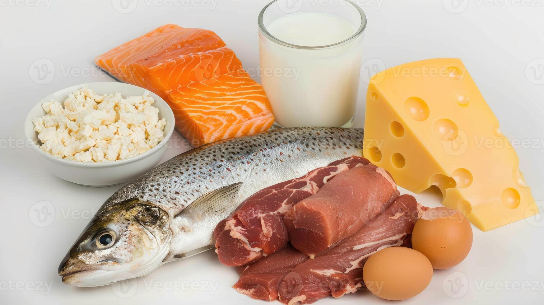 Fish, eggs, cheese, milk and meat photo