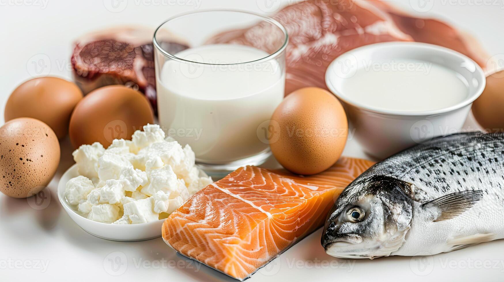 Fish, eggs, milk, and other foods photo