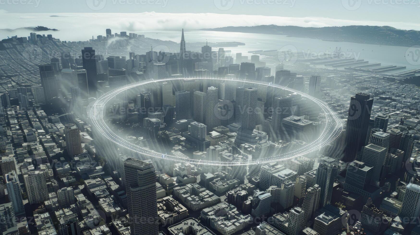 A city with a circular structure in the middle of it photo