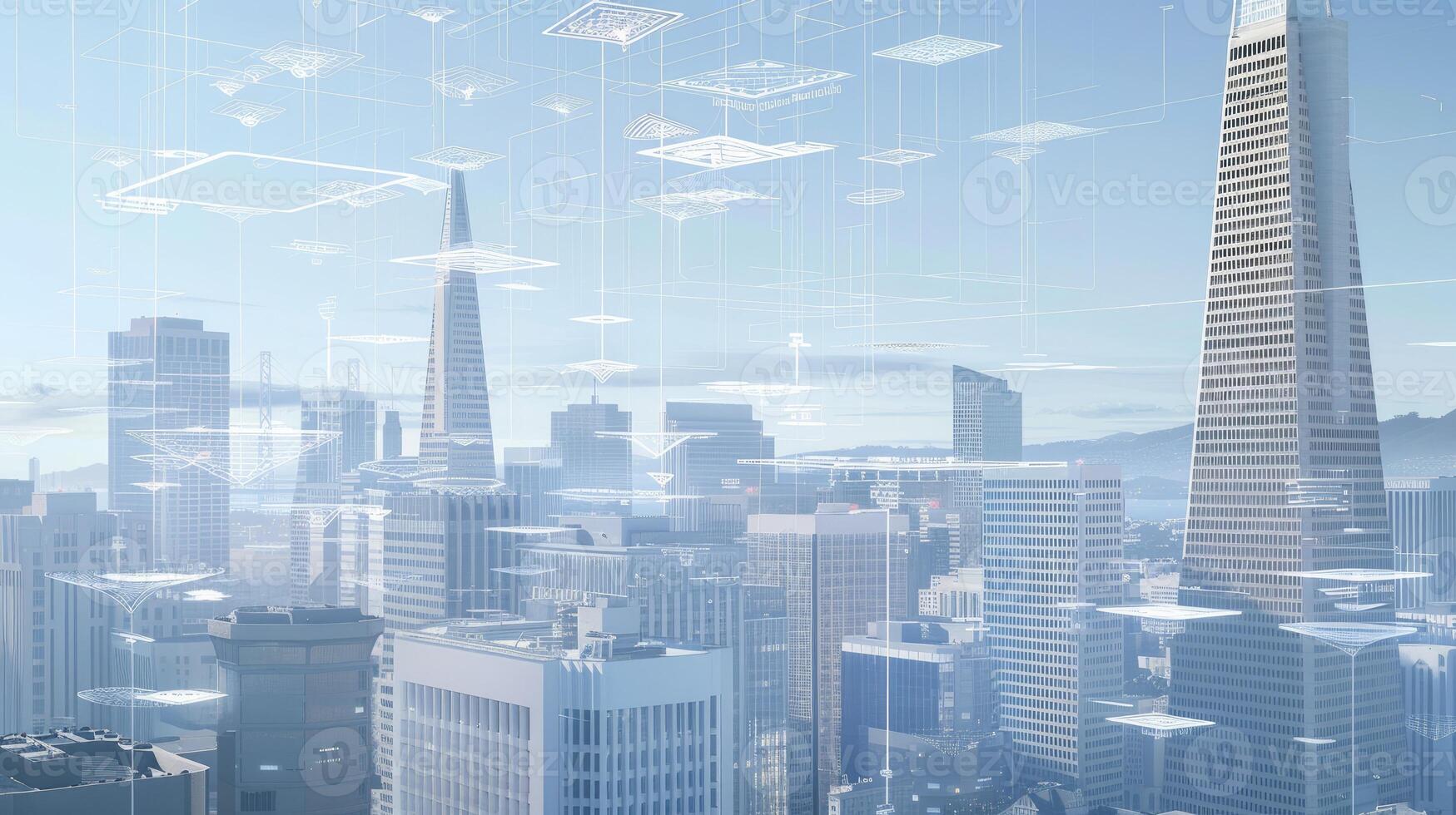 A city with skyscrapers and a tower in the background photo
