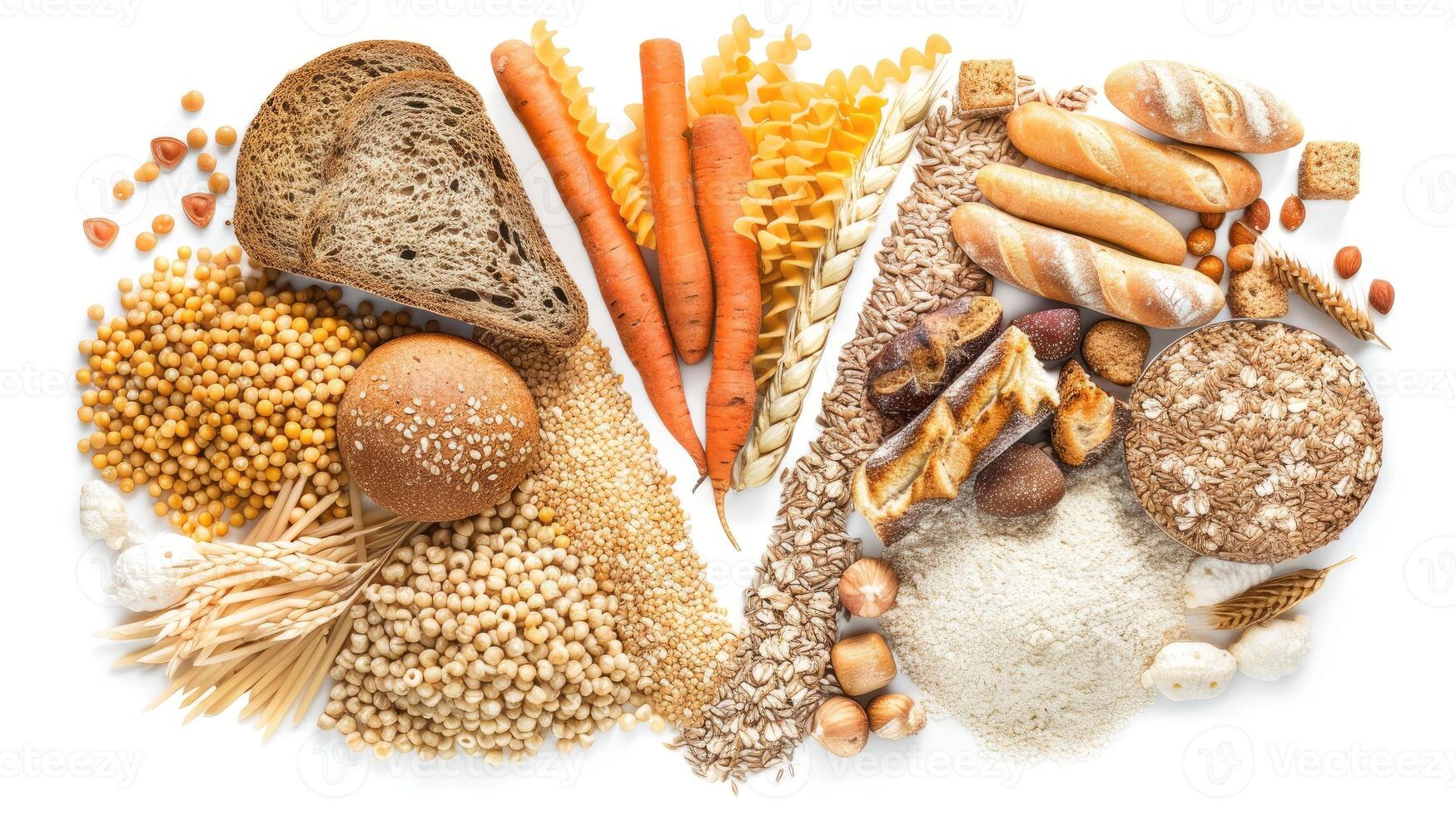 Various grains, bread, and vegetables are arranged in a circle photo
