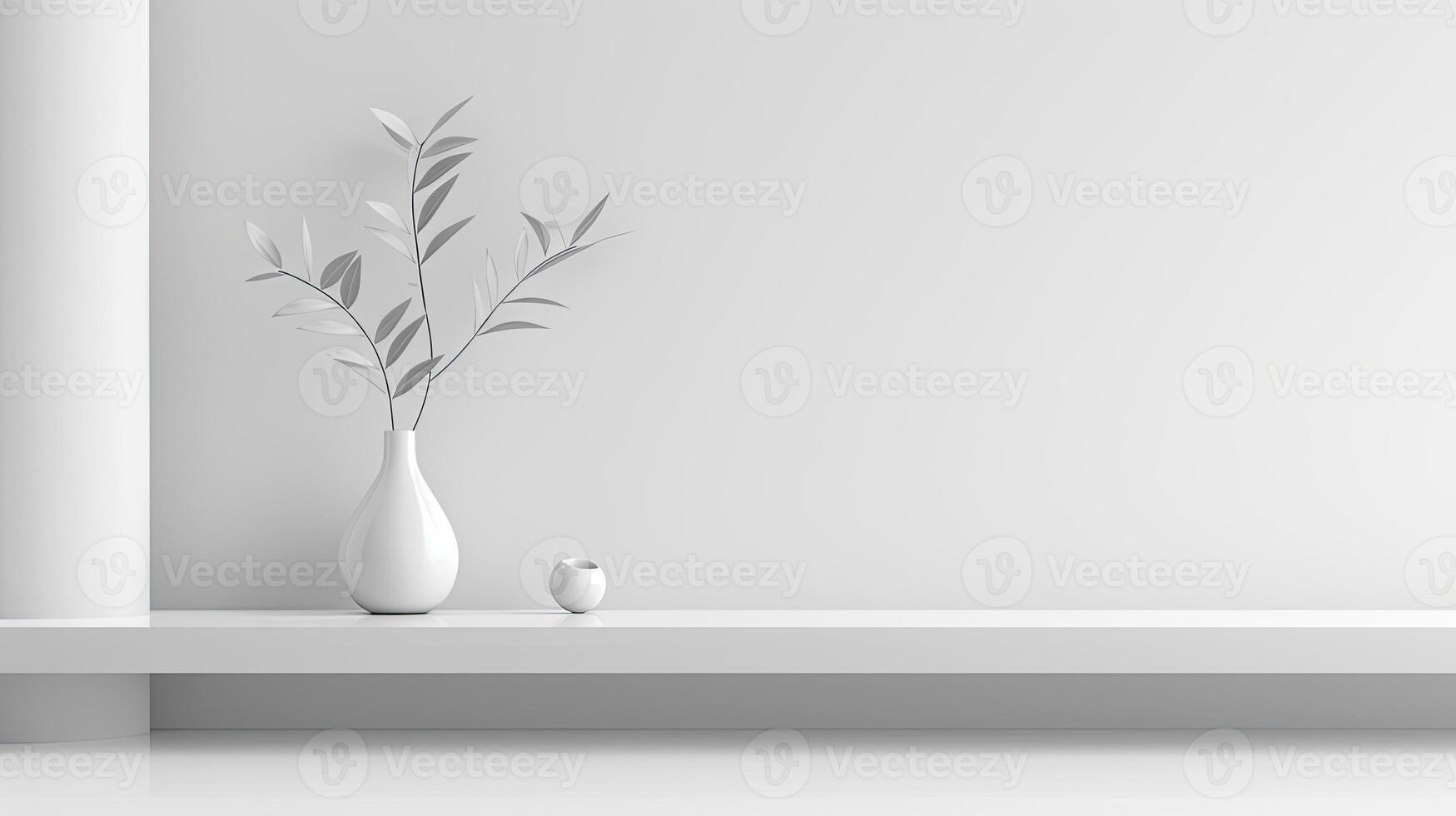White vase with plant on shelf in empty room photo