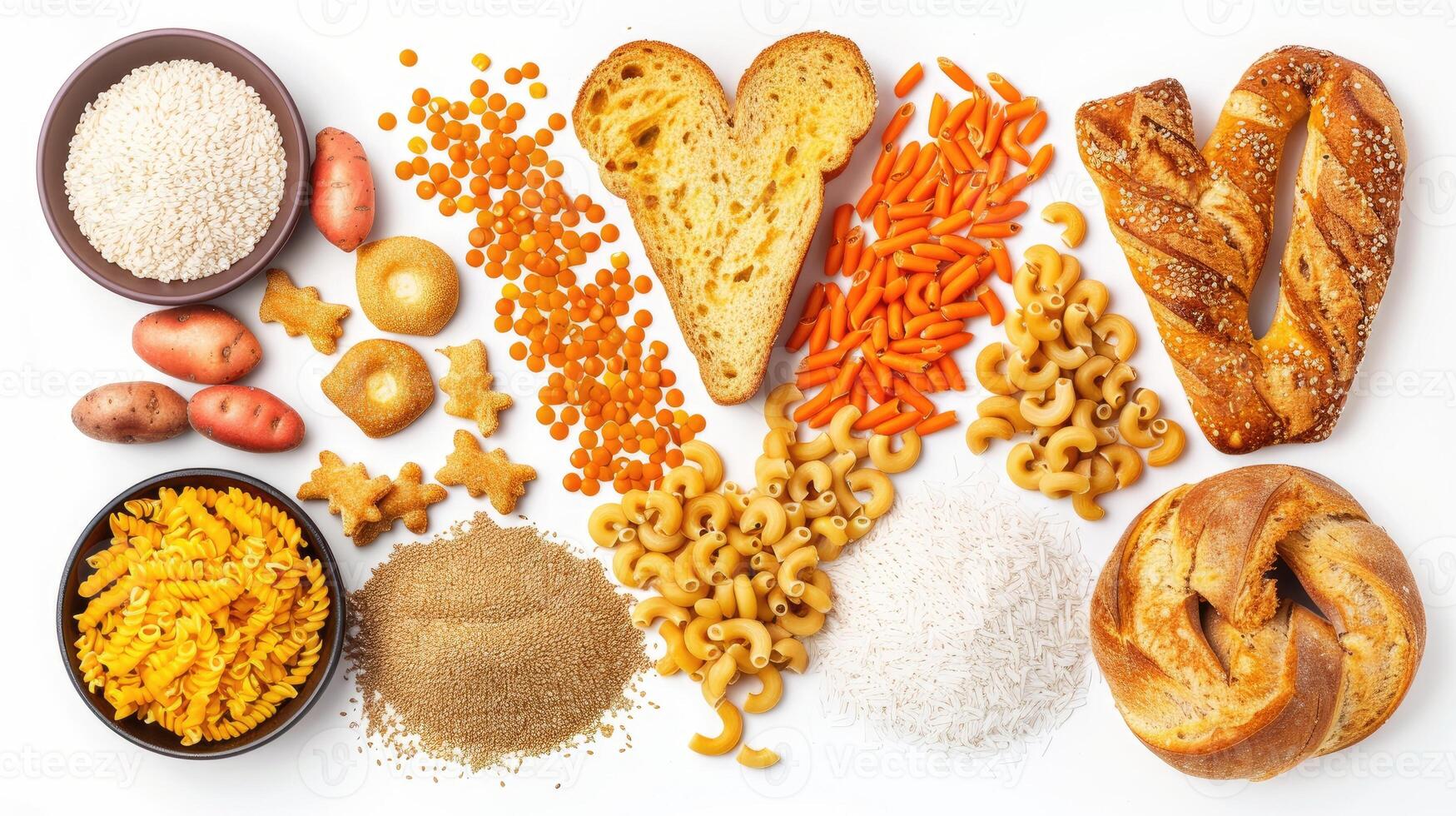Various types of grains, nuts, and other foods photo