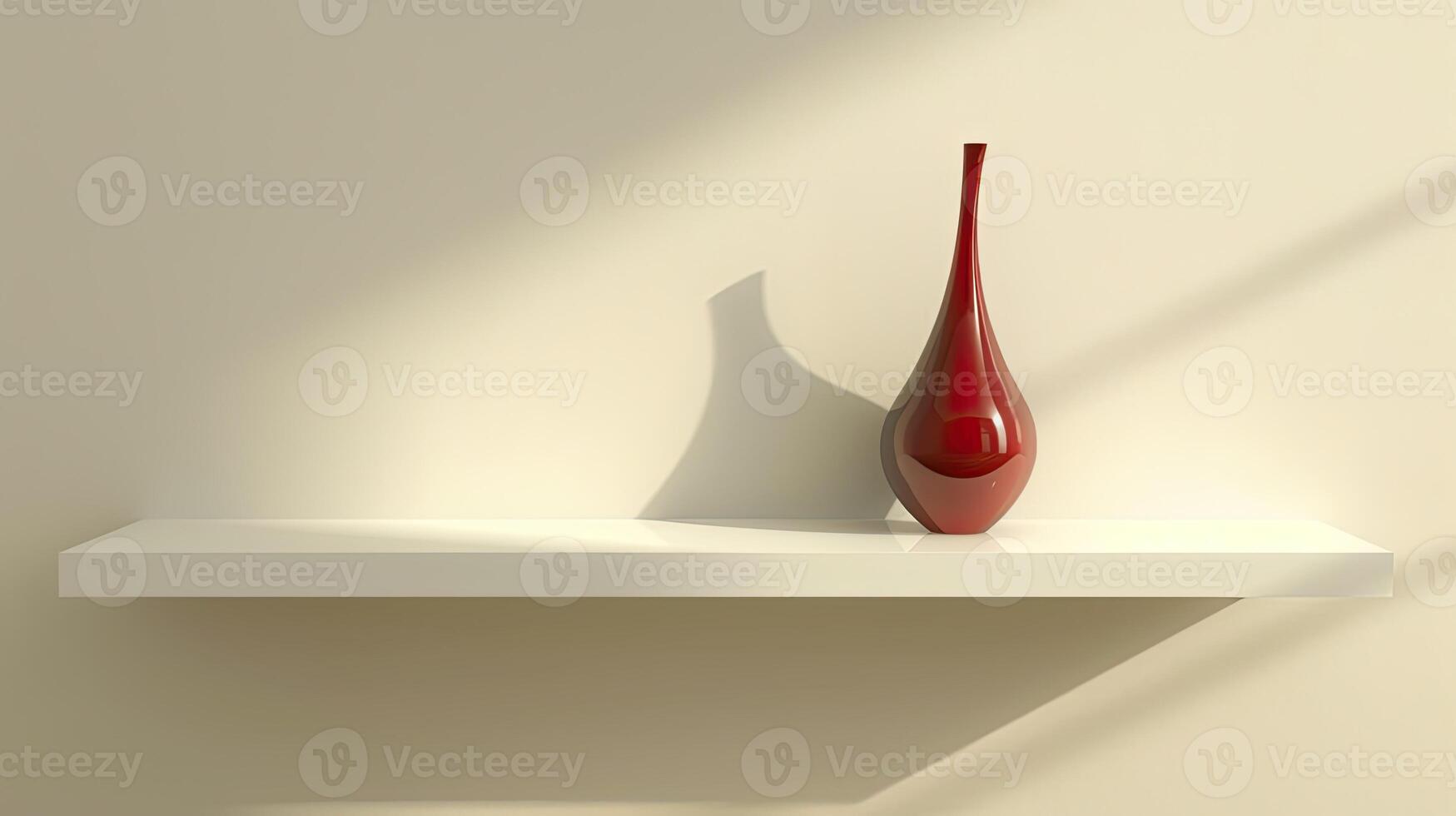 A red vase sitting on a shelf in a room photo