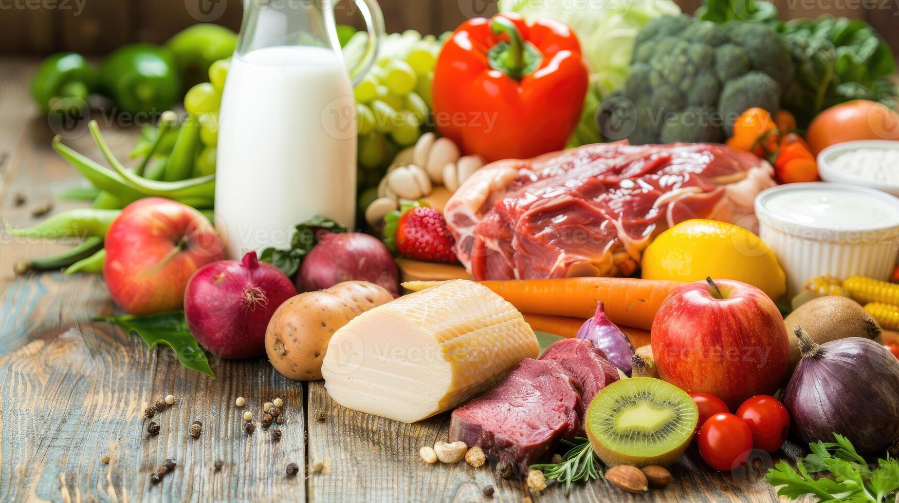 A variety of fruits and vegetables are arranged on a wooden table photo