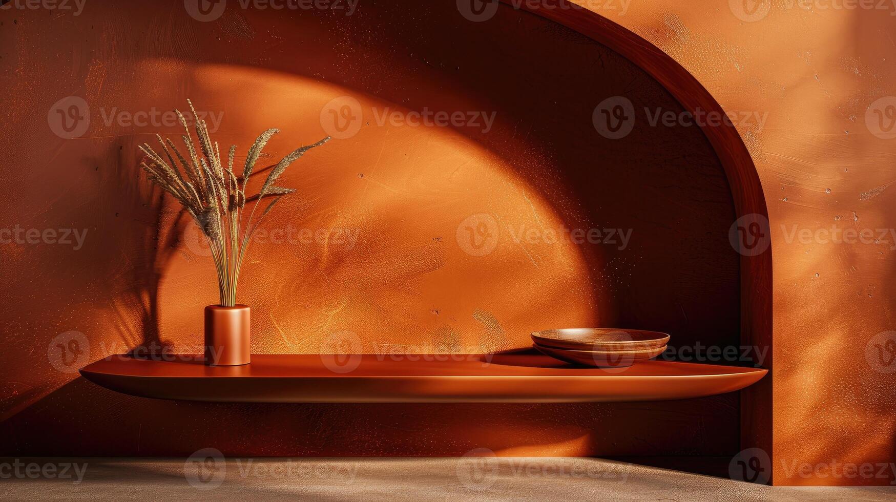A vase of flowers and a bowl on a shelf photo