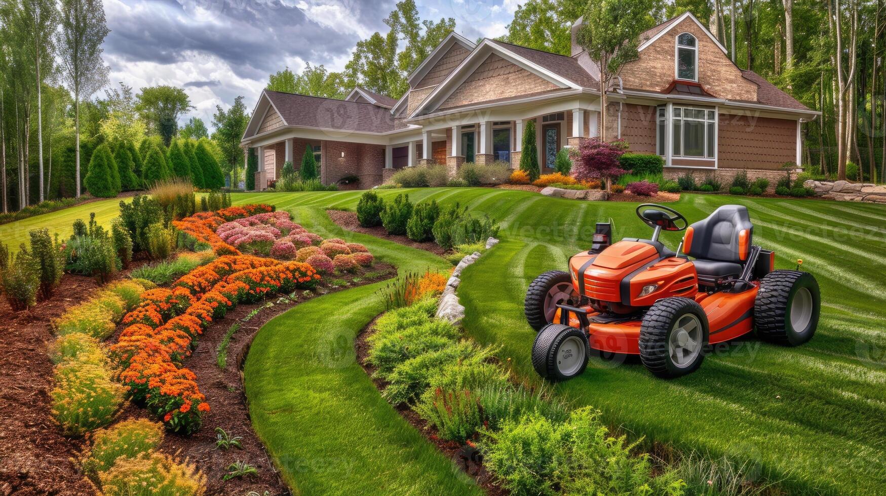 A lawn mower is parked in front of a house photo