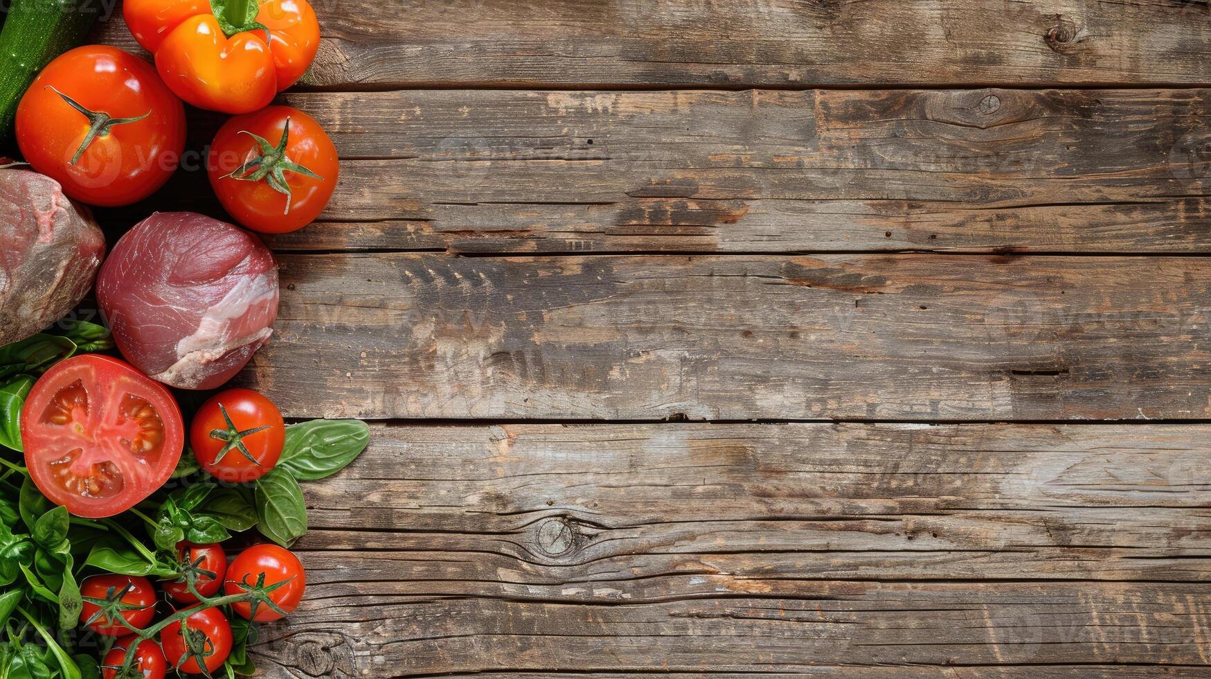 Fresh vegetables and meat on a wooden table photo