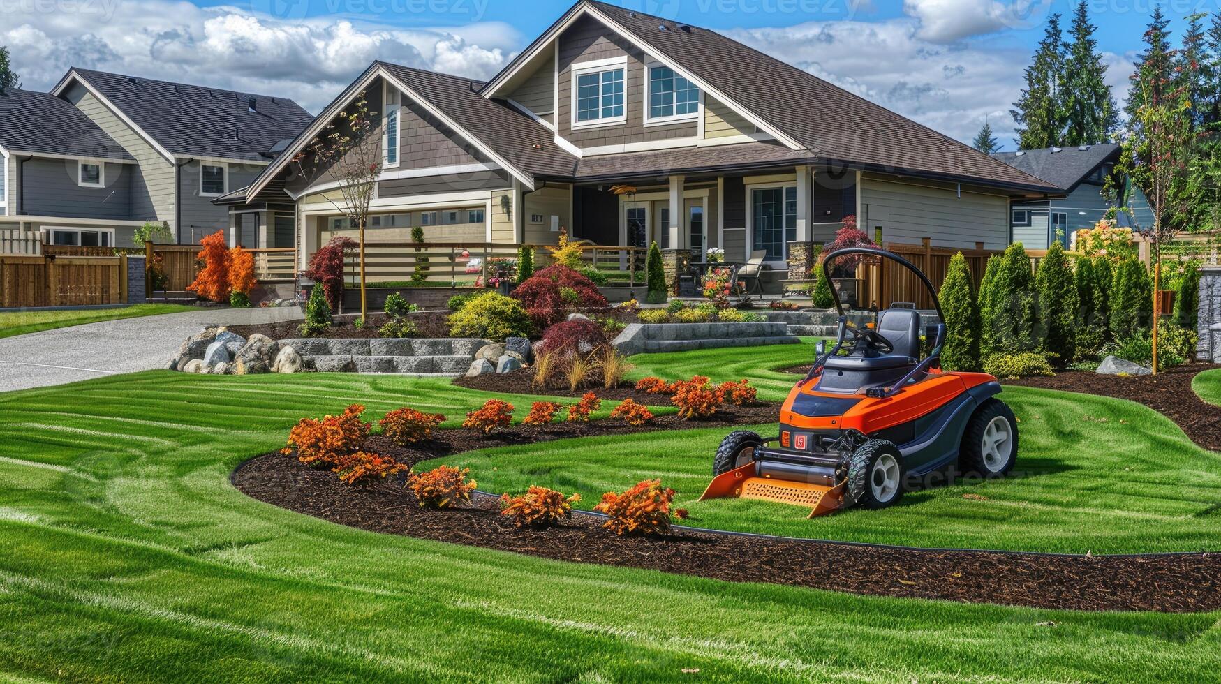 A lawn mower is in the middle of a lawn photo