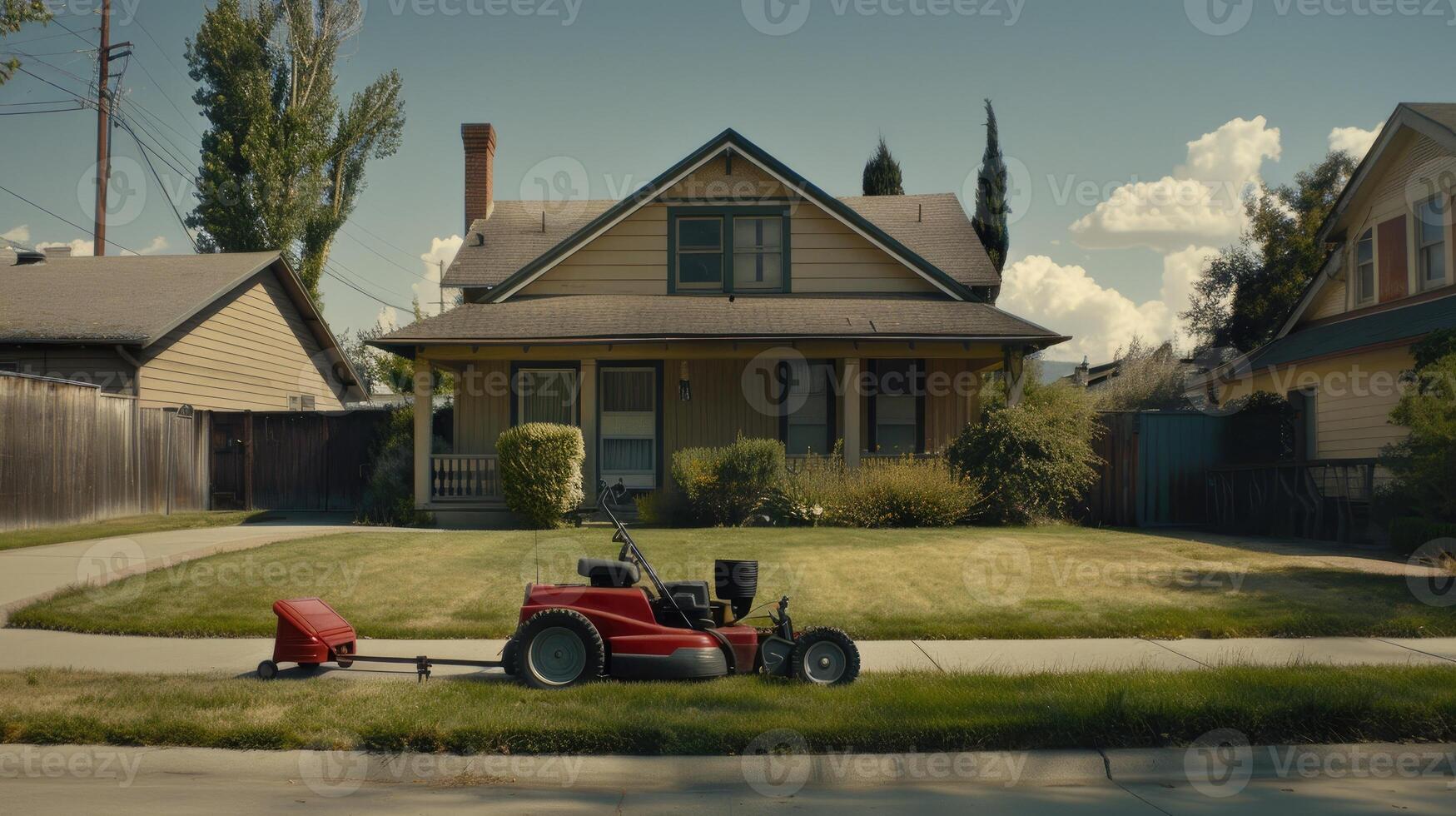 A lawn mower sits in front of a house photo