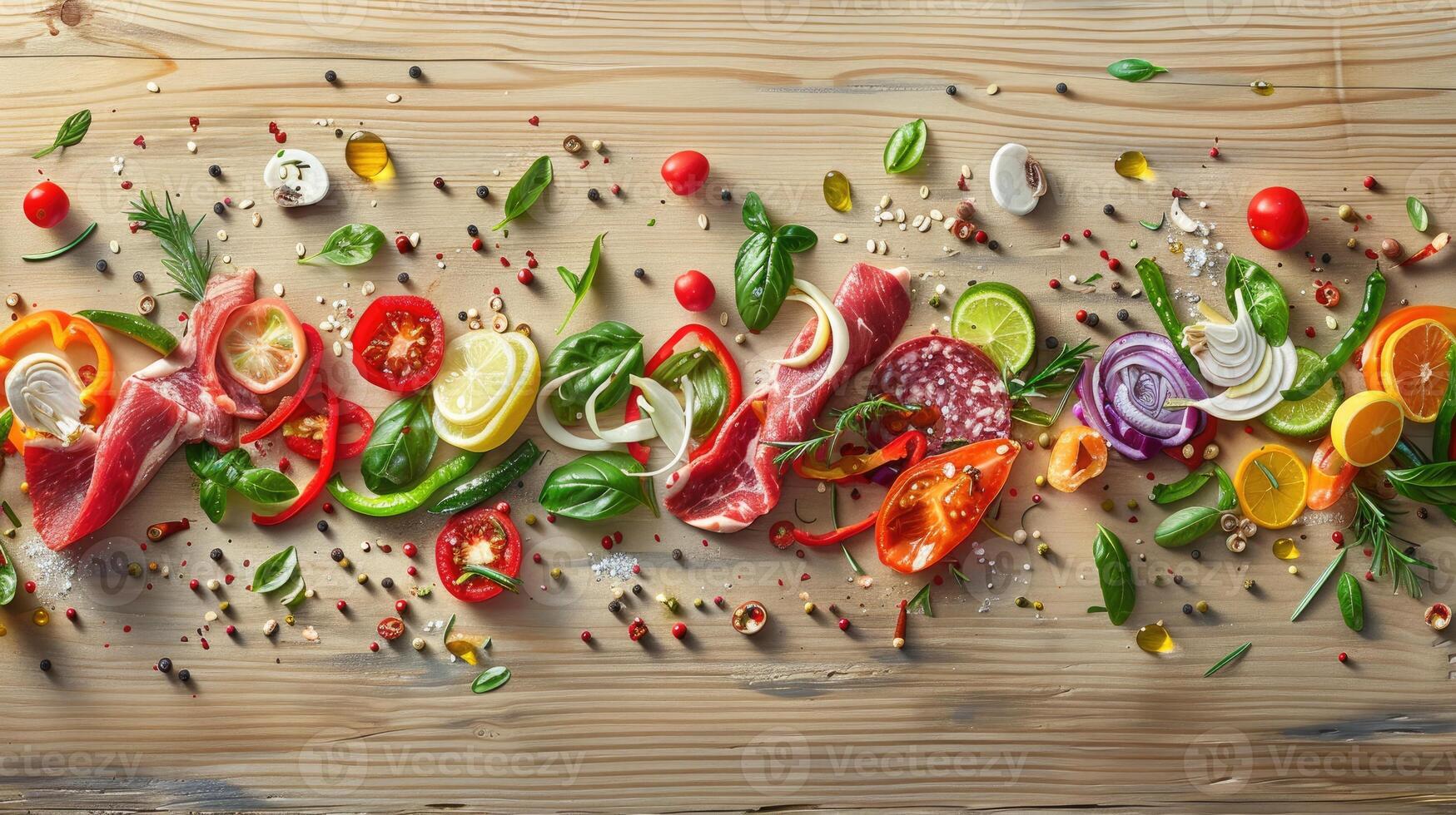 A wooden table with various types of meat and vegetables photo
