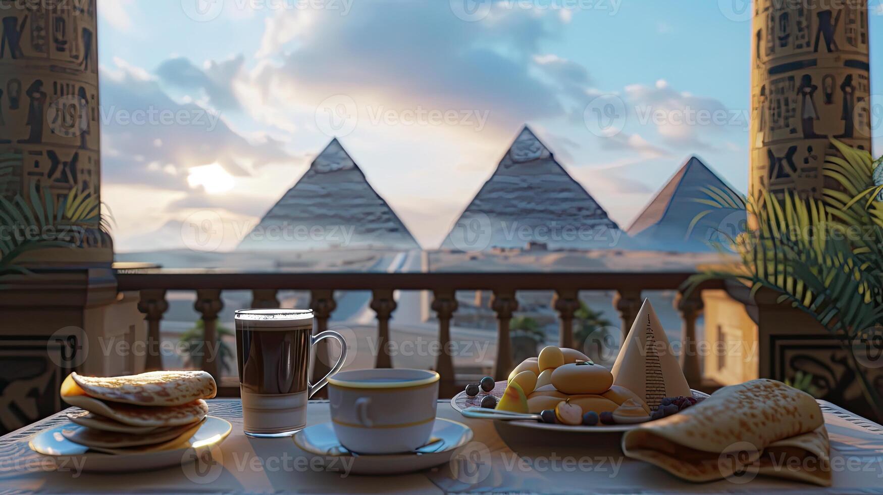 A table with breakfast and coffee on it in front of the pyramids photo