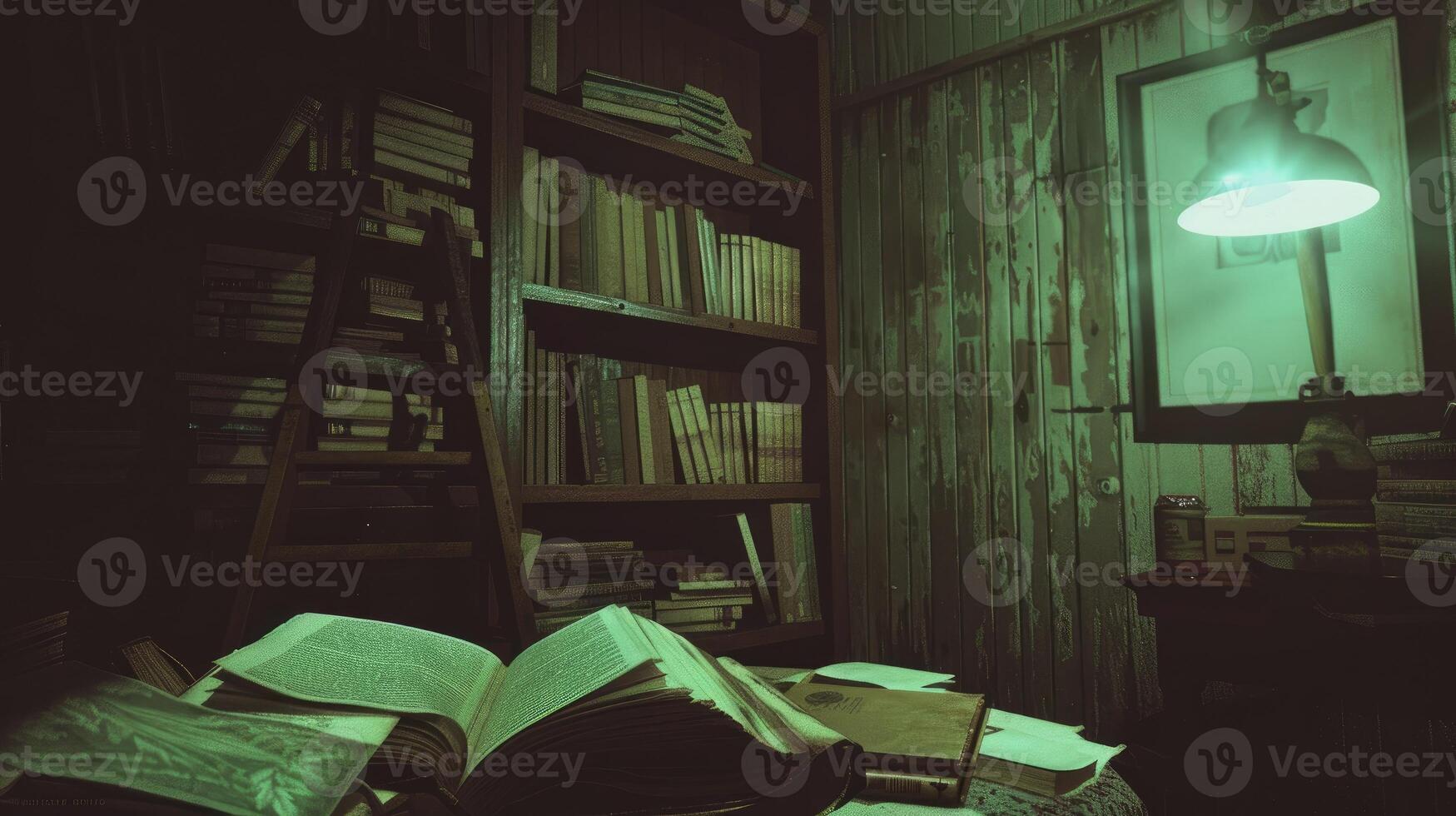 A book is open on a table in a dark room photo