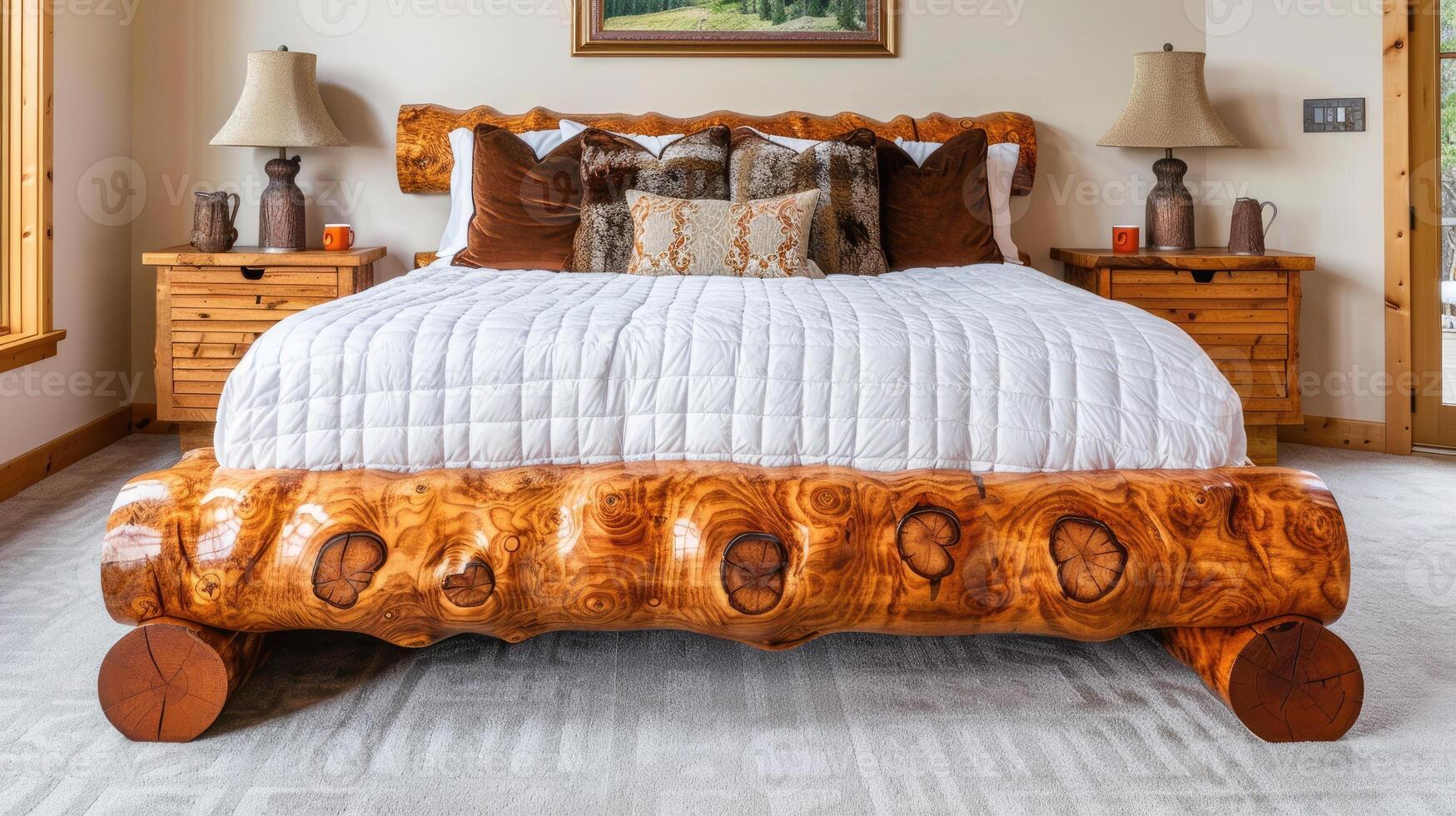 A bed with a wooden headboard photo