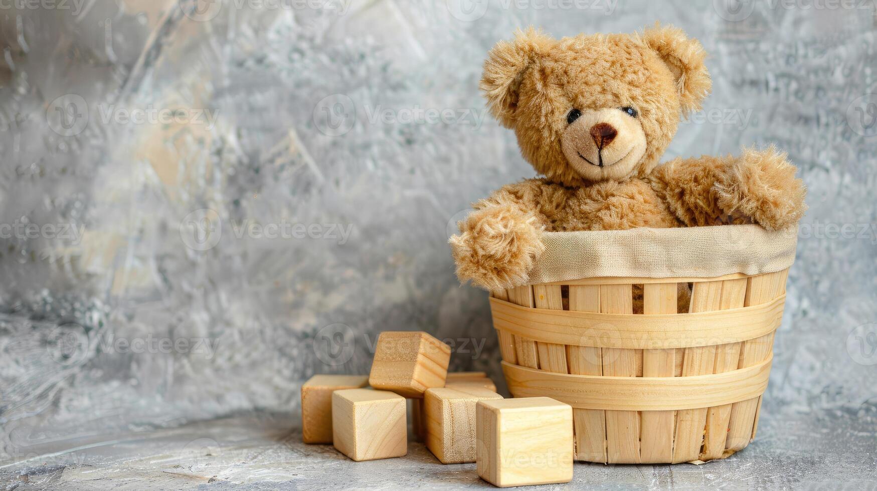 A teddy bear sitting in a basket with wooden blocks photo