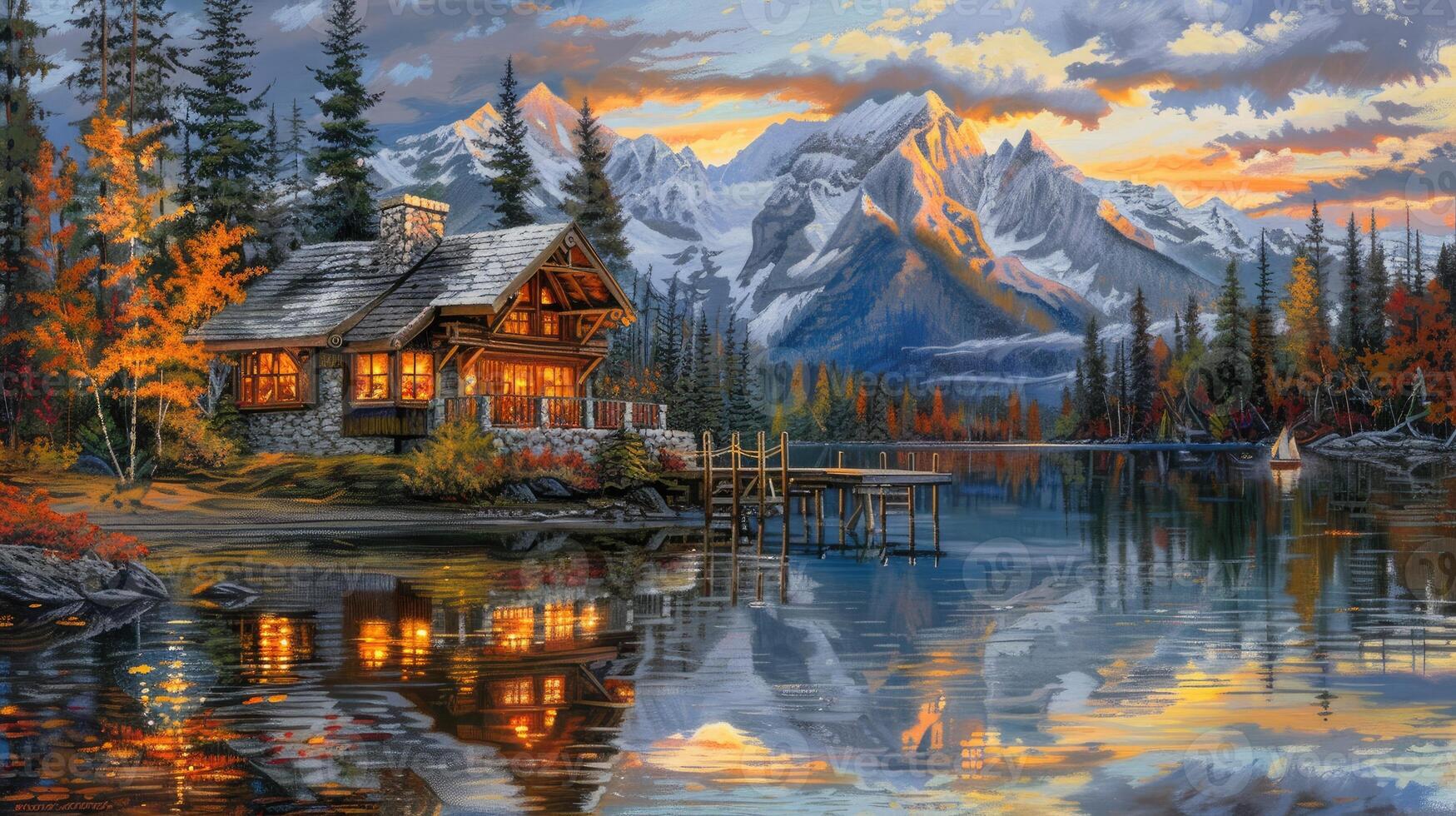 A painting of a cabin on the lake with mountains in the background photo