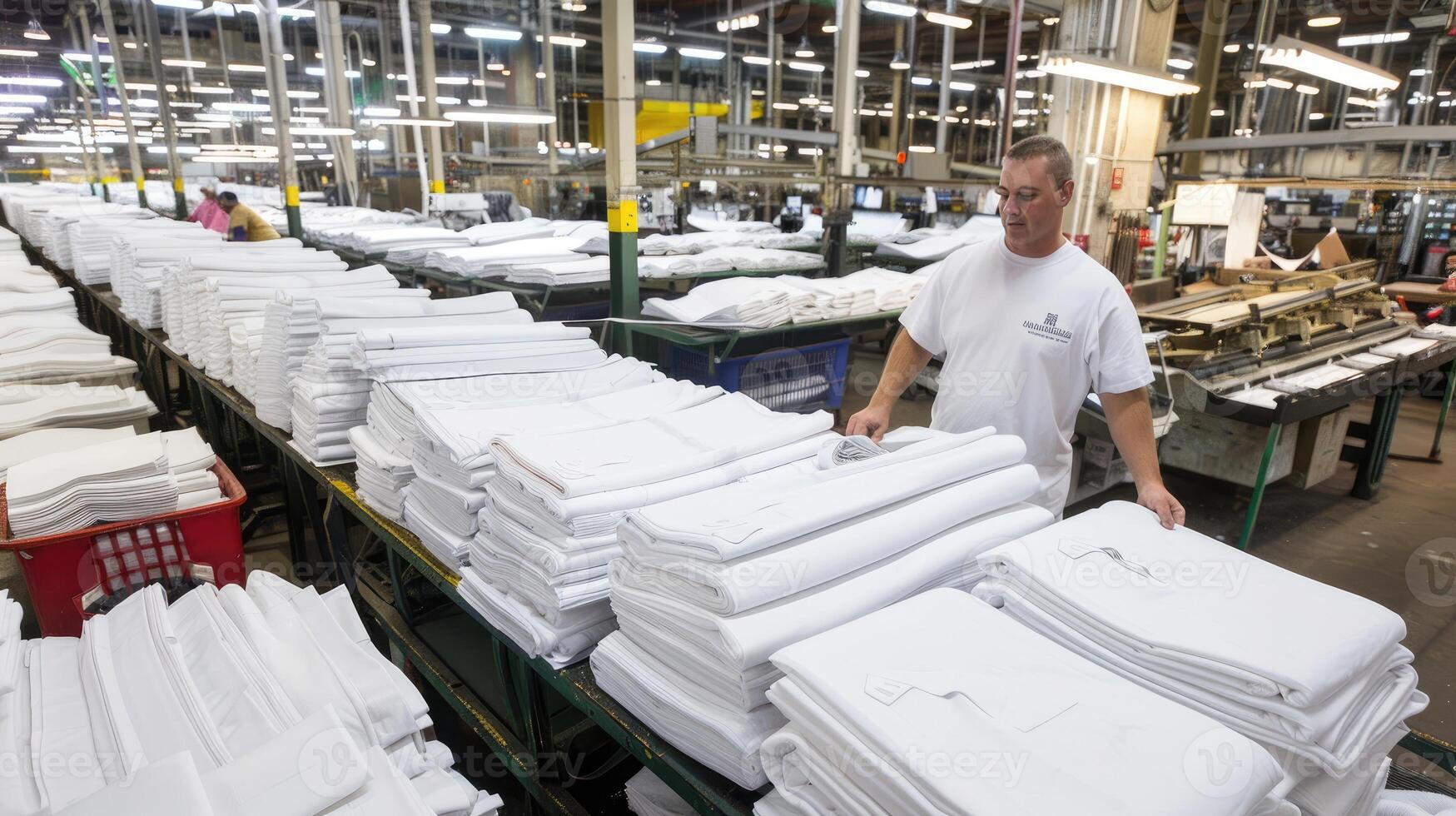 A worker at a factory in china sorting white shirts photo