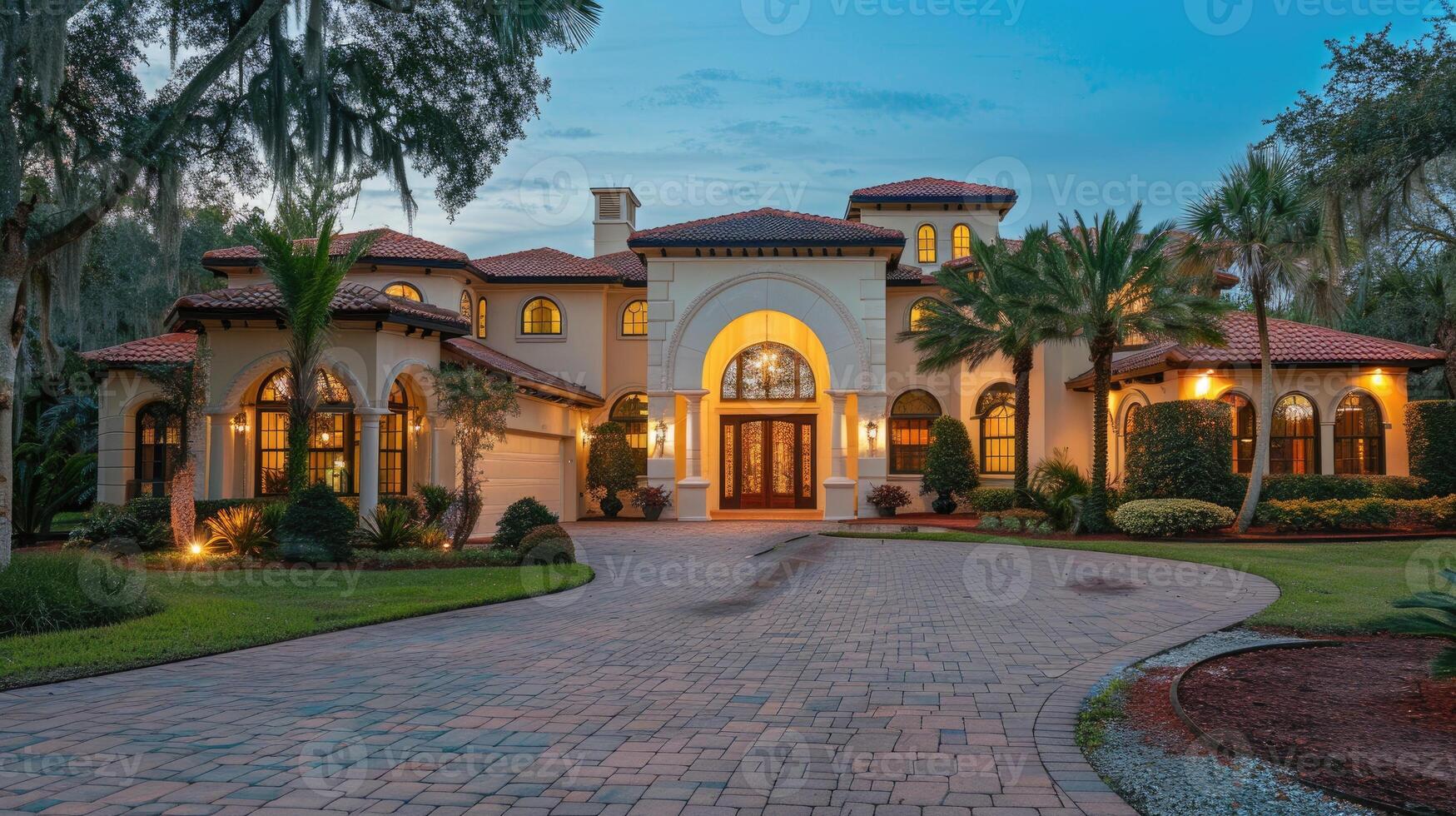 A beautiful home with a driveway and palm trees photo