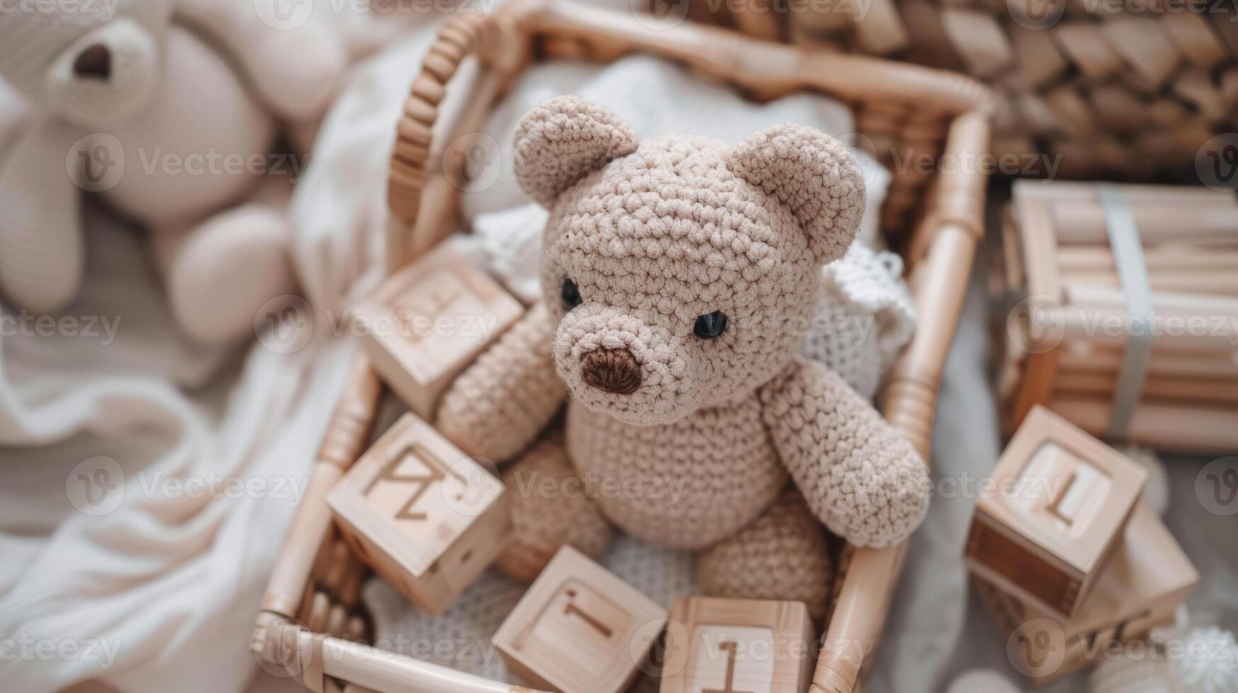 A teddy bear sits in a basket with wooden blocks photo