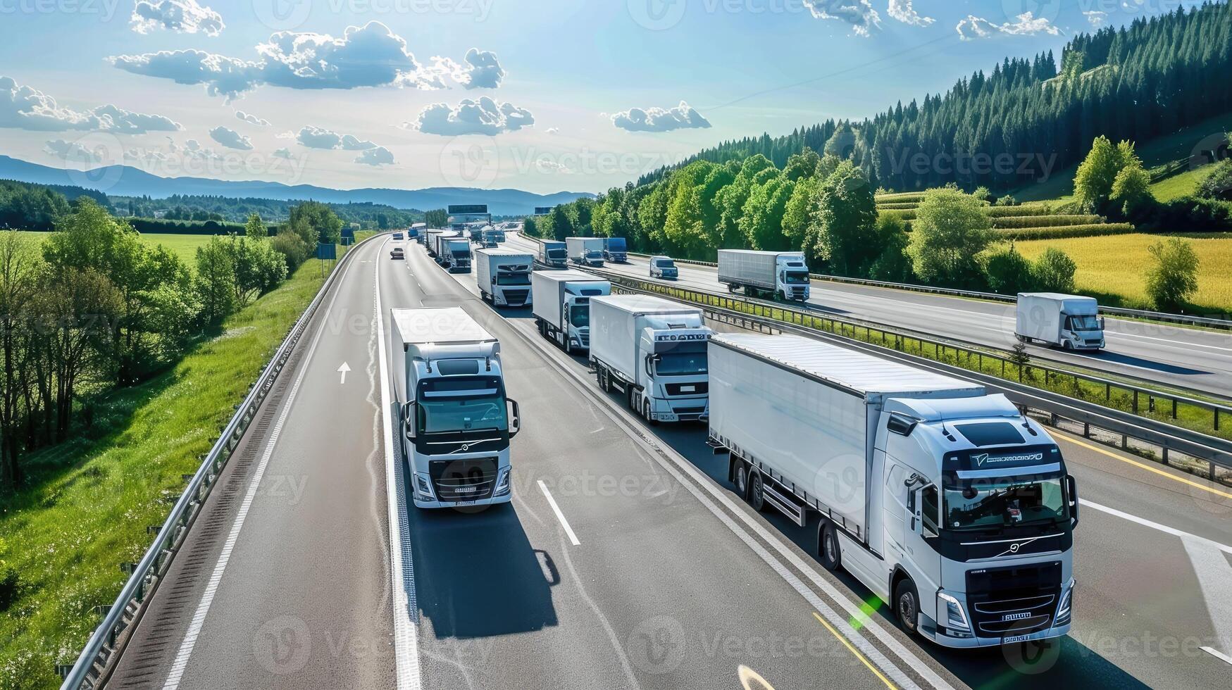 Trucks traveling on a highway with green grass and trees photo
