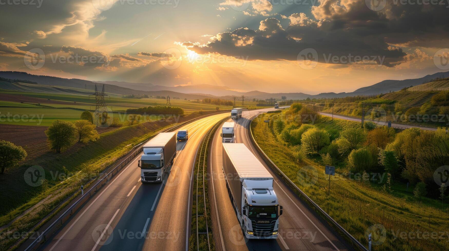 Trucks traveling on a highway at sunset photo
