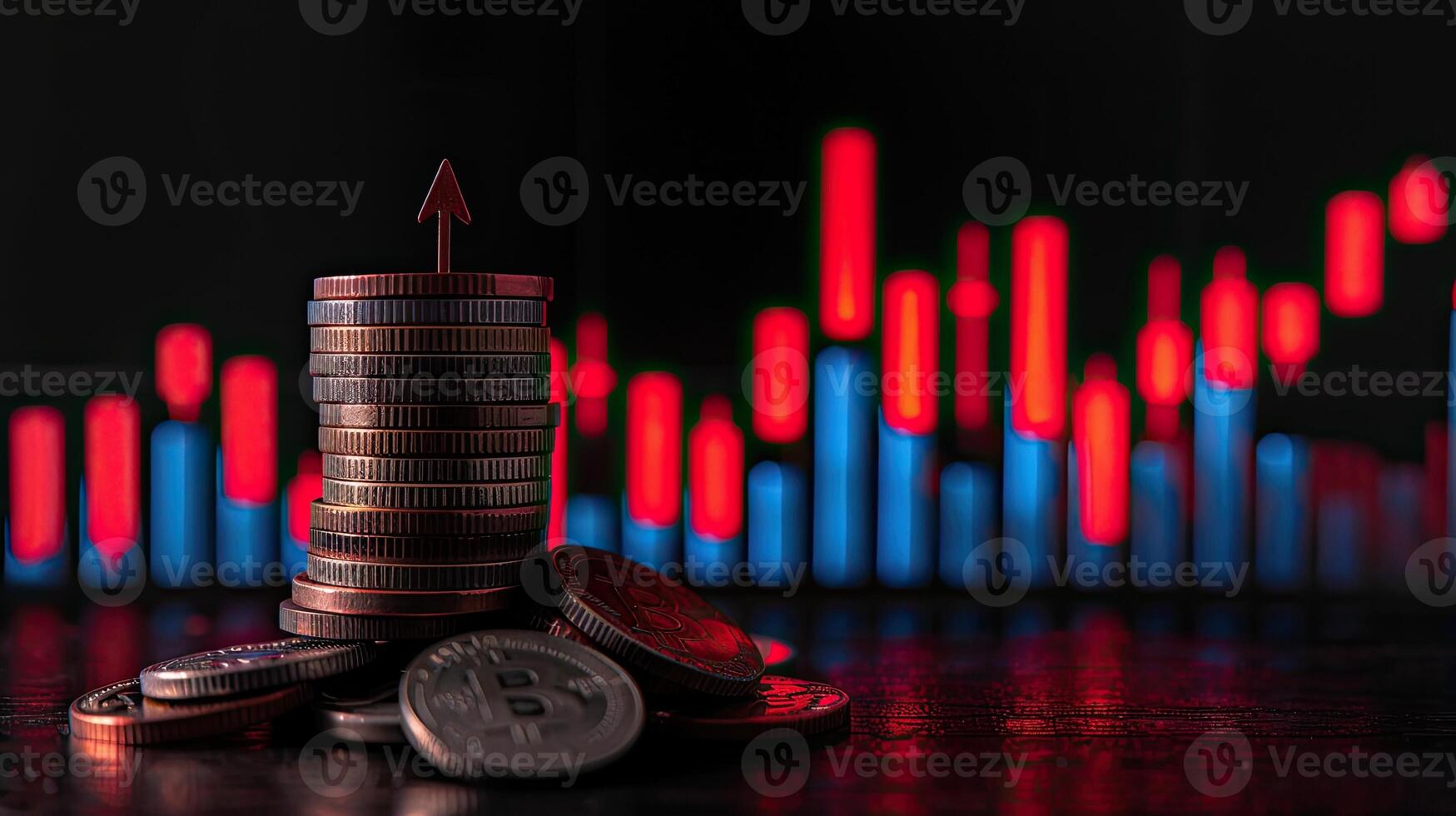 A stack of coins with an arrow pointing up photo