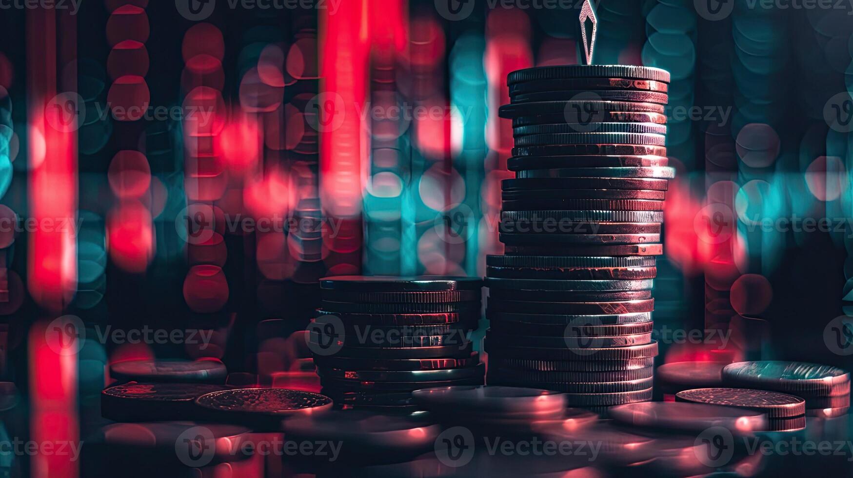 A stack of coins on a table with red and blue lights photo