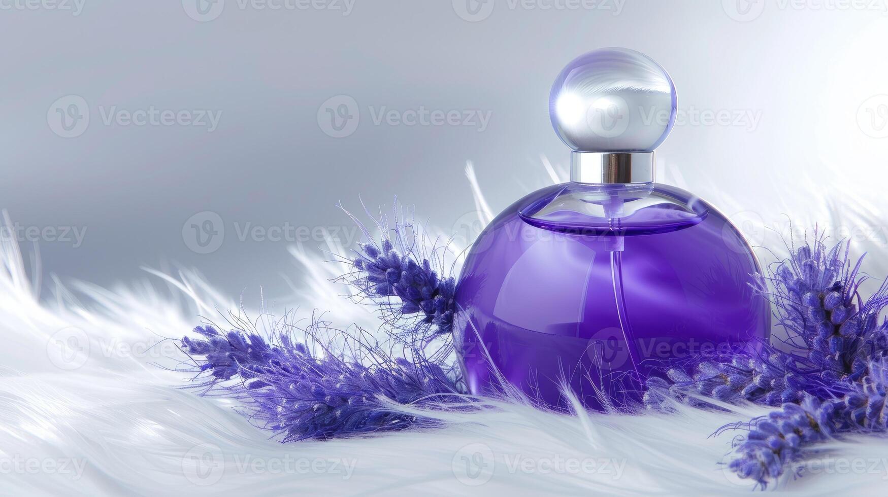 A purple perfume bottle with lavender flowers on a white fur photo