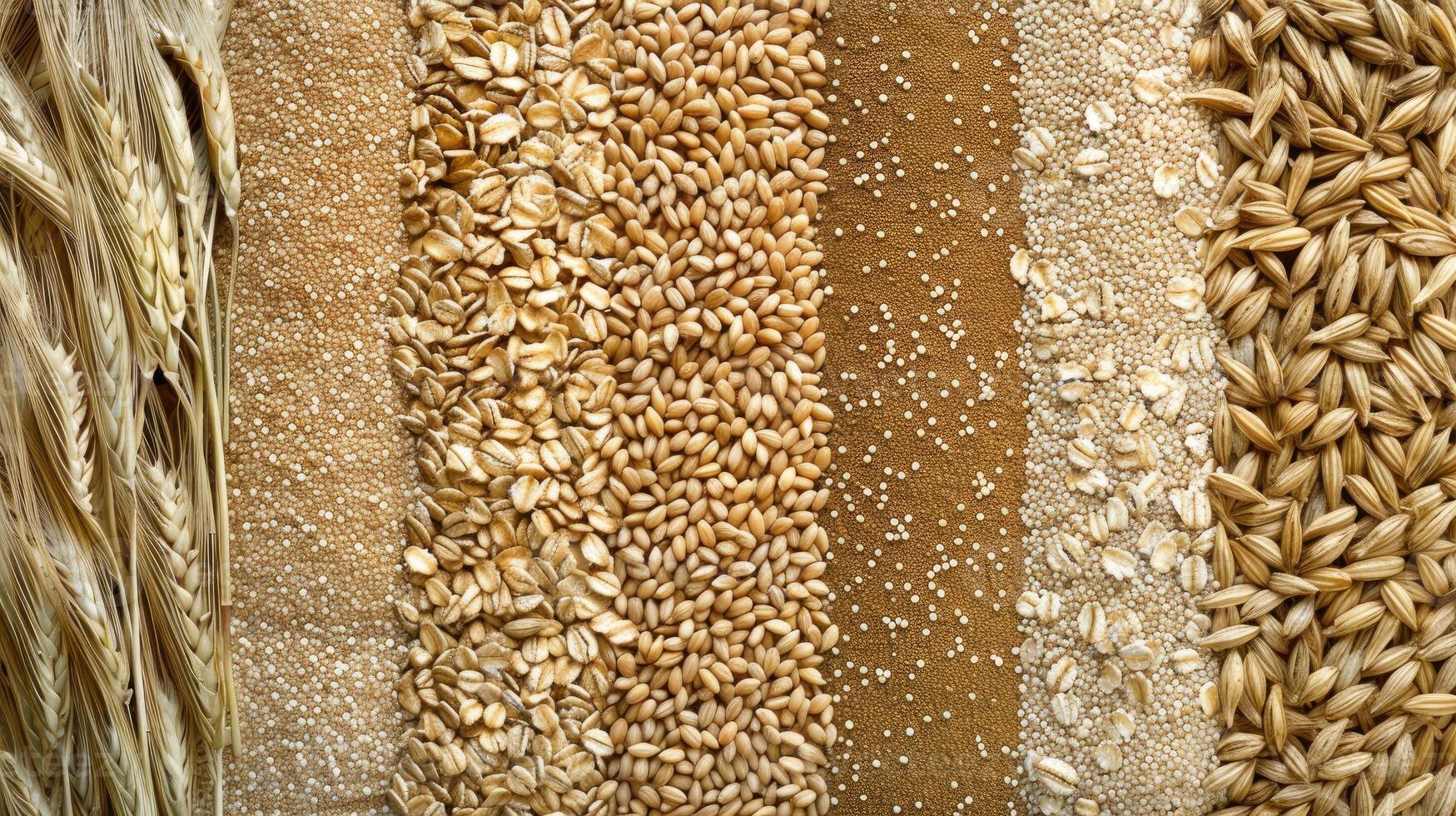 A variety of grains and seeds are arranged in a row photo